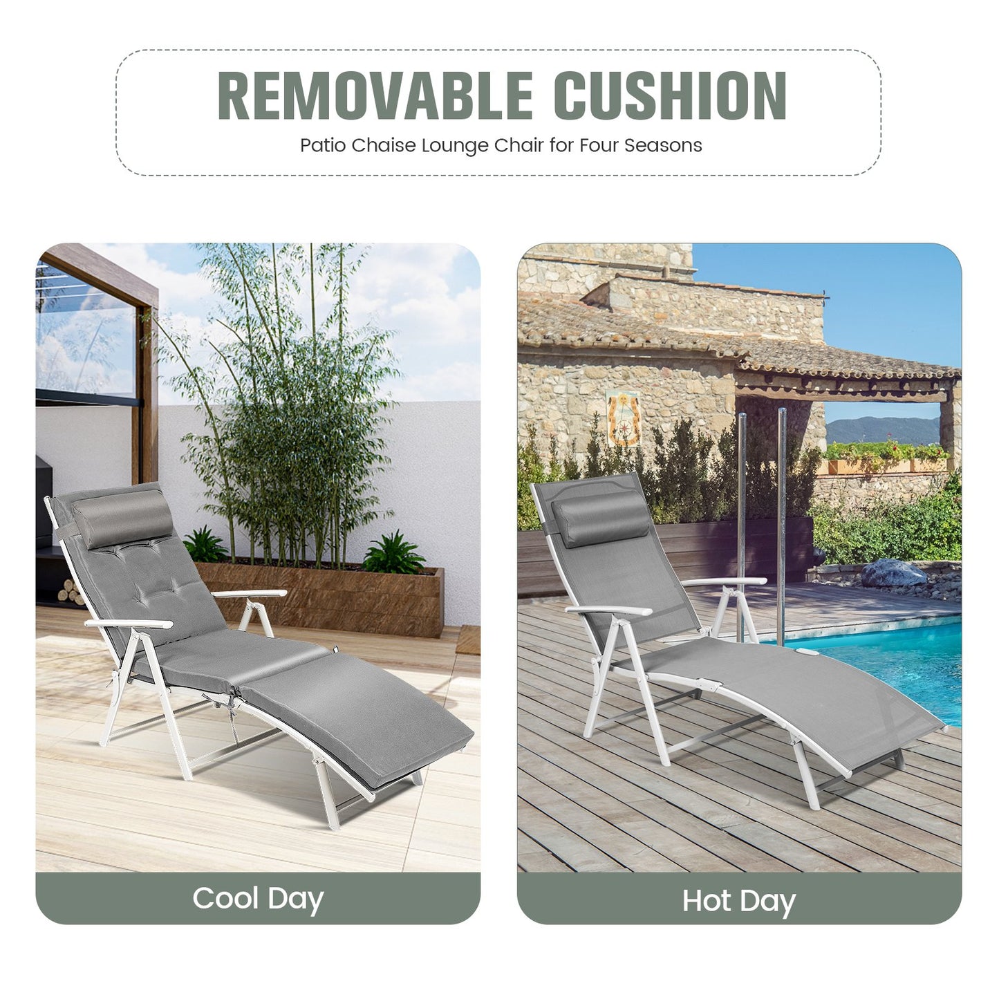 Adjustable Outdoor Lightweight Folding Chaise Lounge Chair with Pillow, Gray Outdoor Chaise Lounges   at Gallery Canada