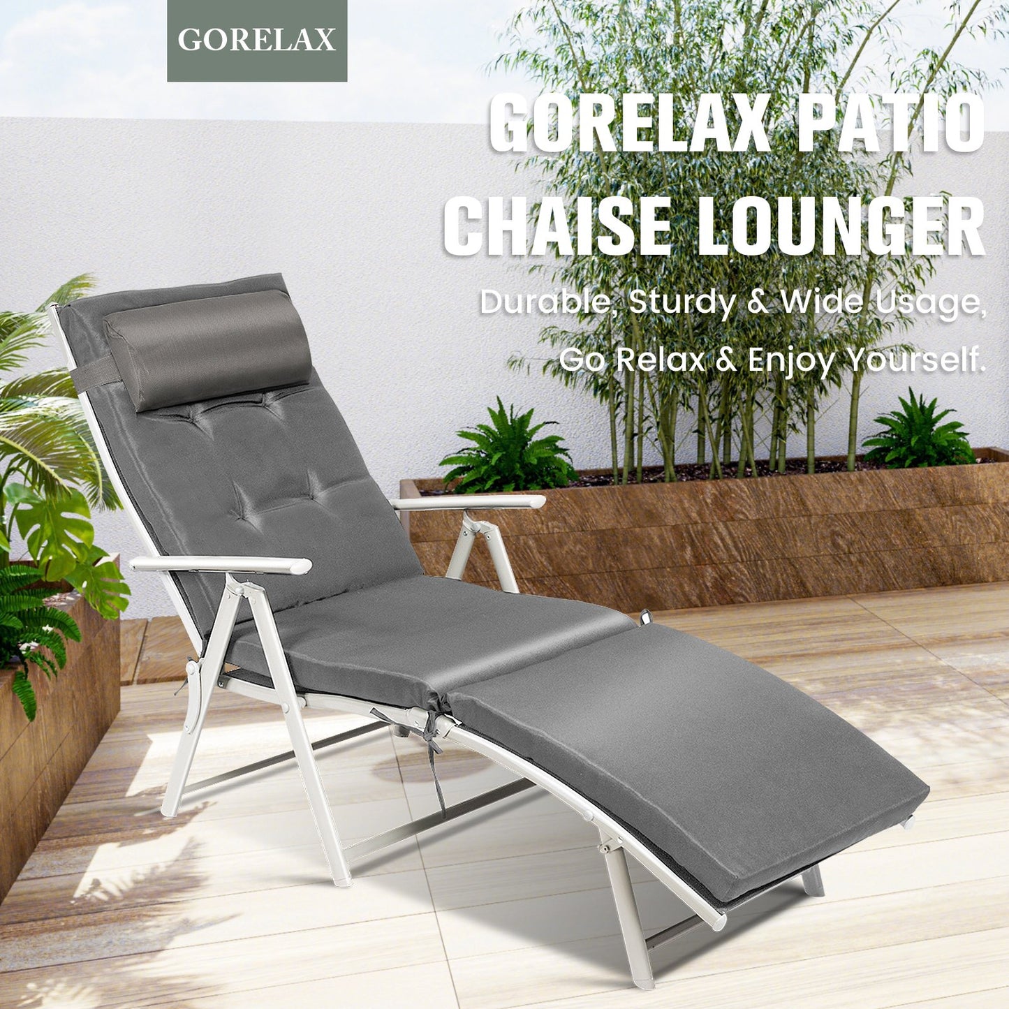 Adjustable Outdoor Lightweight Folding Chaise Lounge Chair with Pillow, Gray Outdoor Chaise Lounges   at Gallery Canada