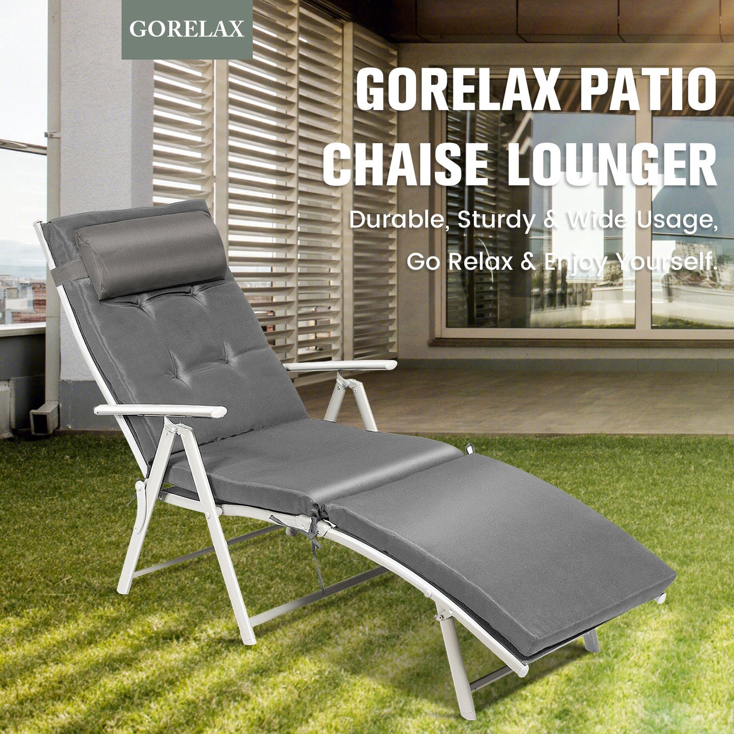 Adjustable Outdoor Lightweight Folding Chaise Lounge Chair with Pillow, Gray Outdoor Chaise Lounges   at Gallery Canada