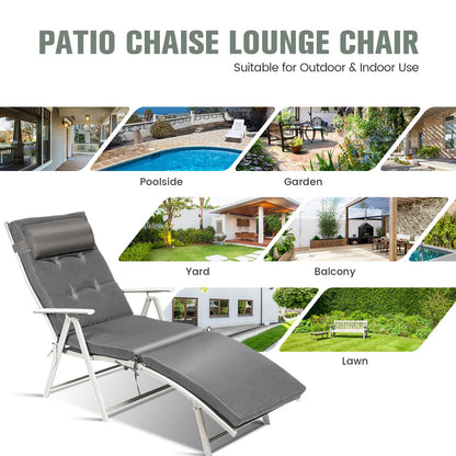 Adjustable Outdoor Lightweight Folding Chaise Lounge Chair with Pillow, Gray Outdoor Chaise Lounges   at Gallery Canada