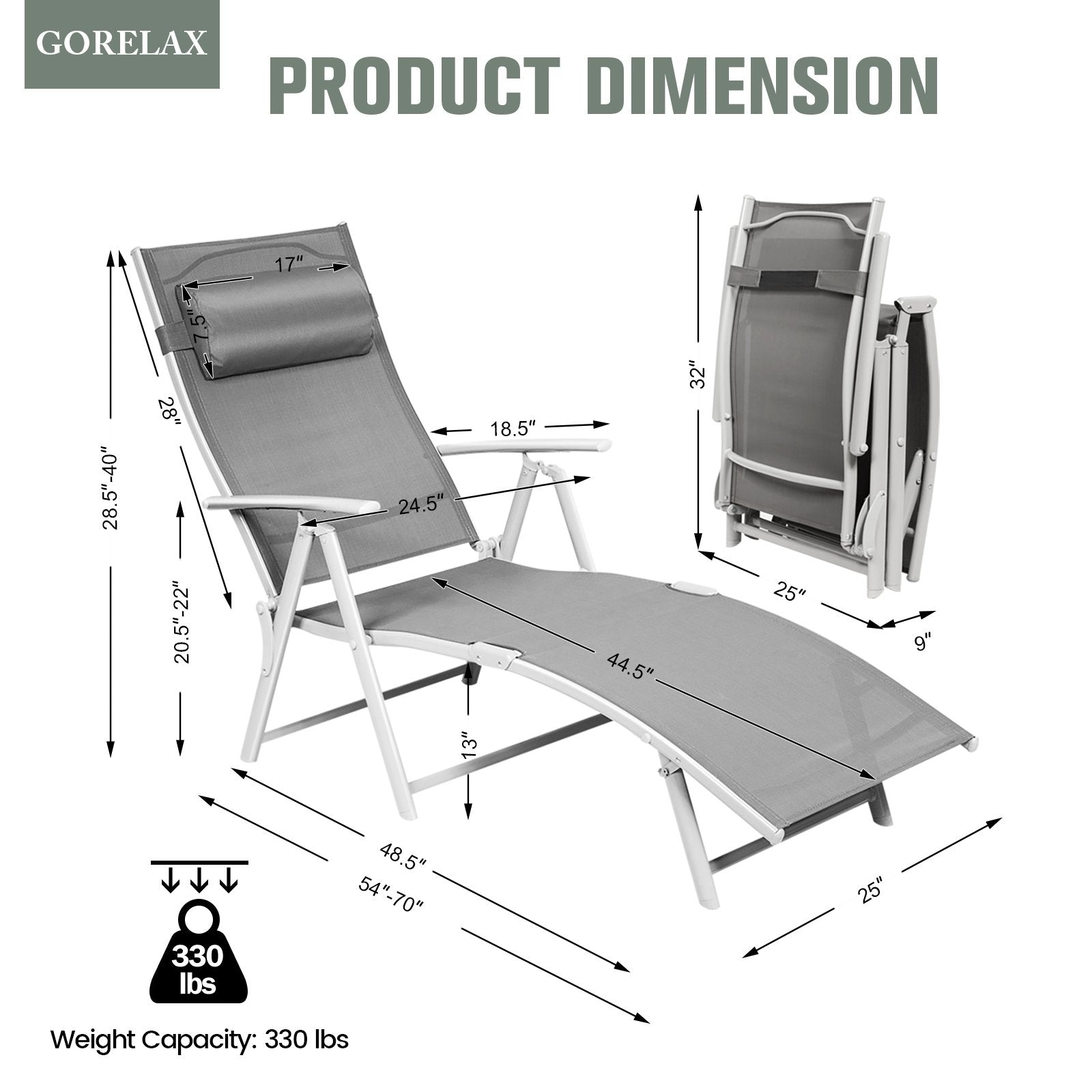 Adjustable Outdoor Lightweight Folding Chaise Lounge Chair with Pillow, Gray Outdoor Chaise Lounges   at Gallery Canada