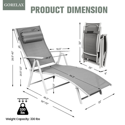 Adjustable Outdoor Lightweight Folding Chaise Lounge Chair with Pillow, Gray Outdoor Chaise Lounges   at Gallery Canada