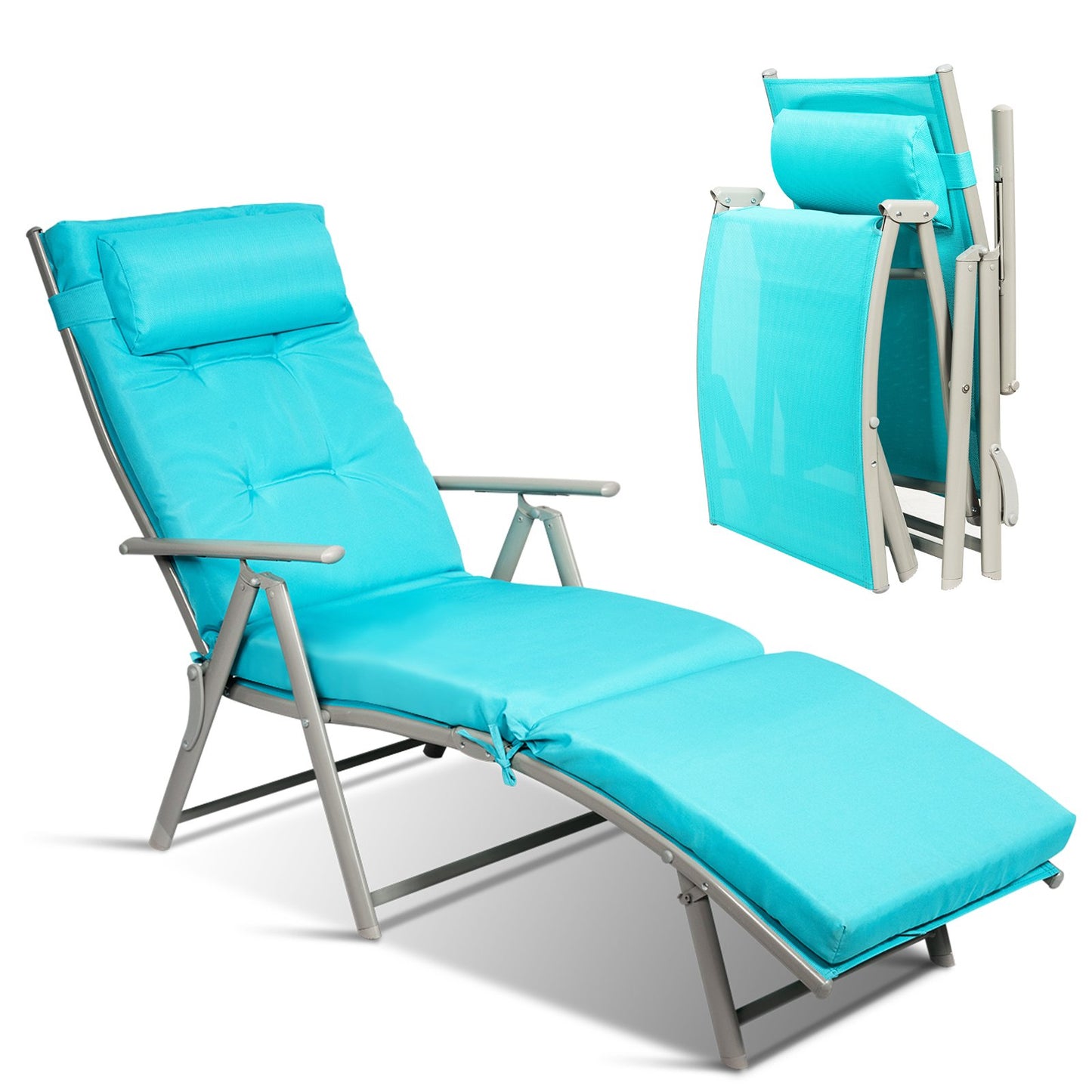 Adjustable Outdoor Lightweight Folding Chaise Lounge Chair with Pillow, Blue Outdoor Chaise Lounges   at Gallery Canada