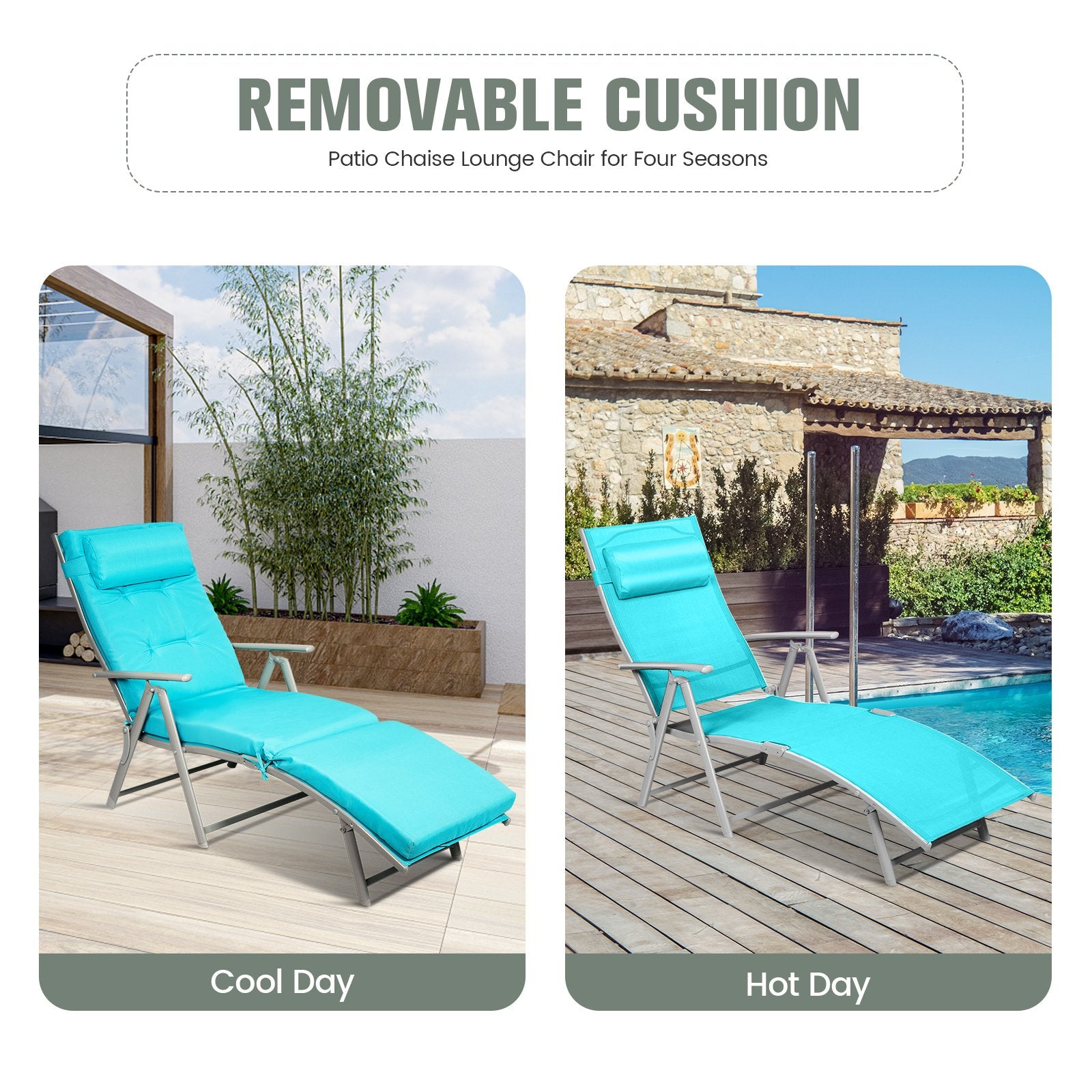 Adjustable Outdoor Lightweight Folding Chaise Lounge Chair with Pillow, Blue Outdoor Chaise Lounges   at Gallery Canada