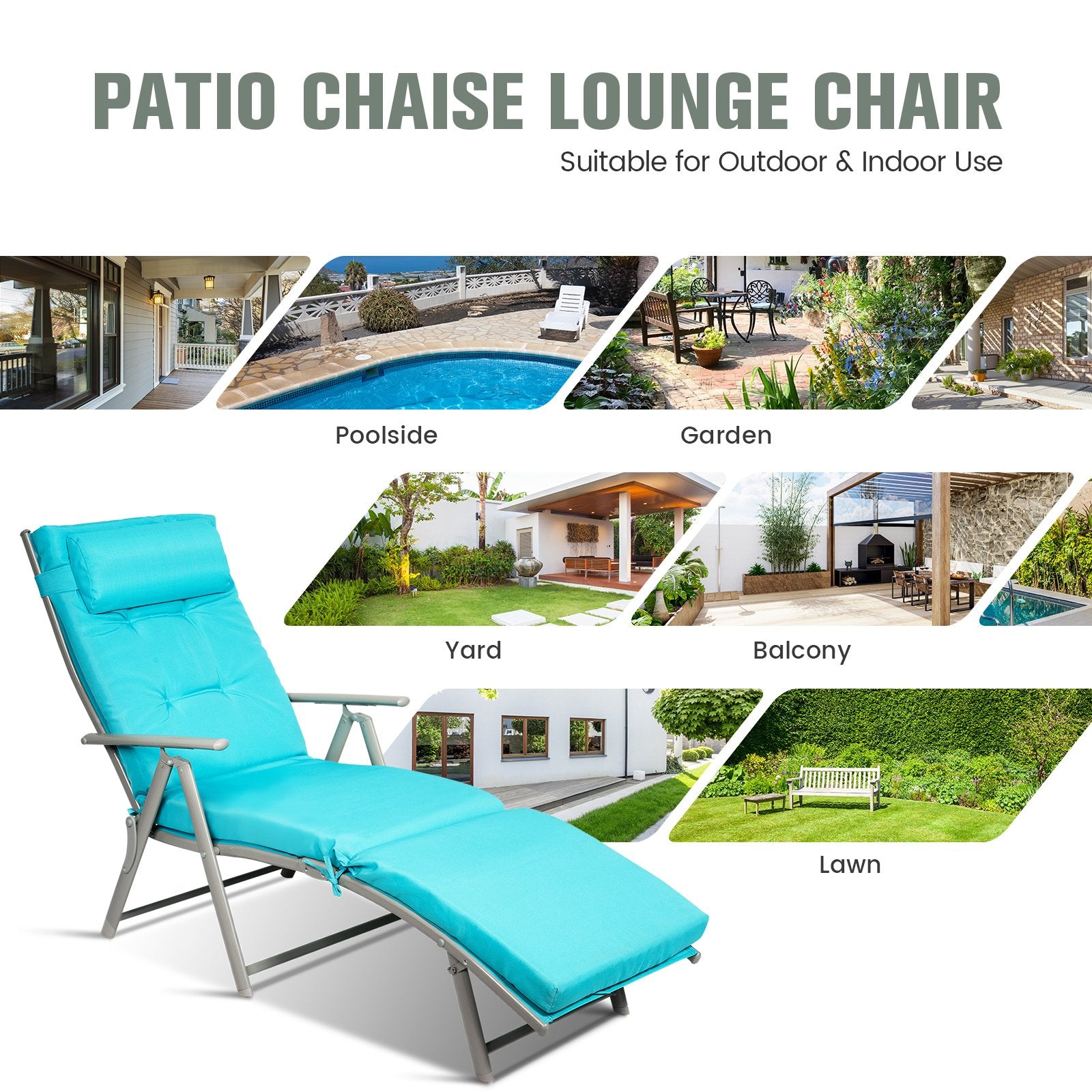 Adjustable Outdoor Lightweight Folding Chaise Lounge Chair with Pillow, Blue Outdoor Chaise Lounges   at Gallery Canada