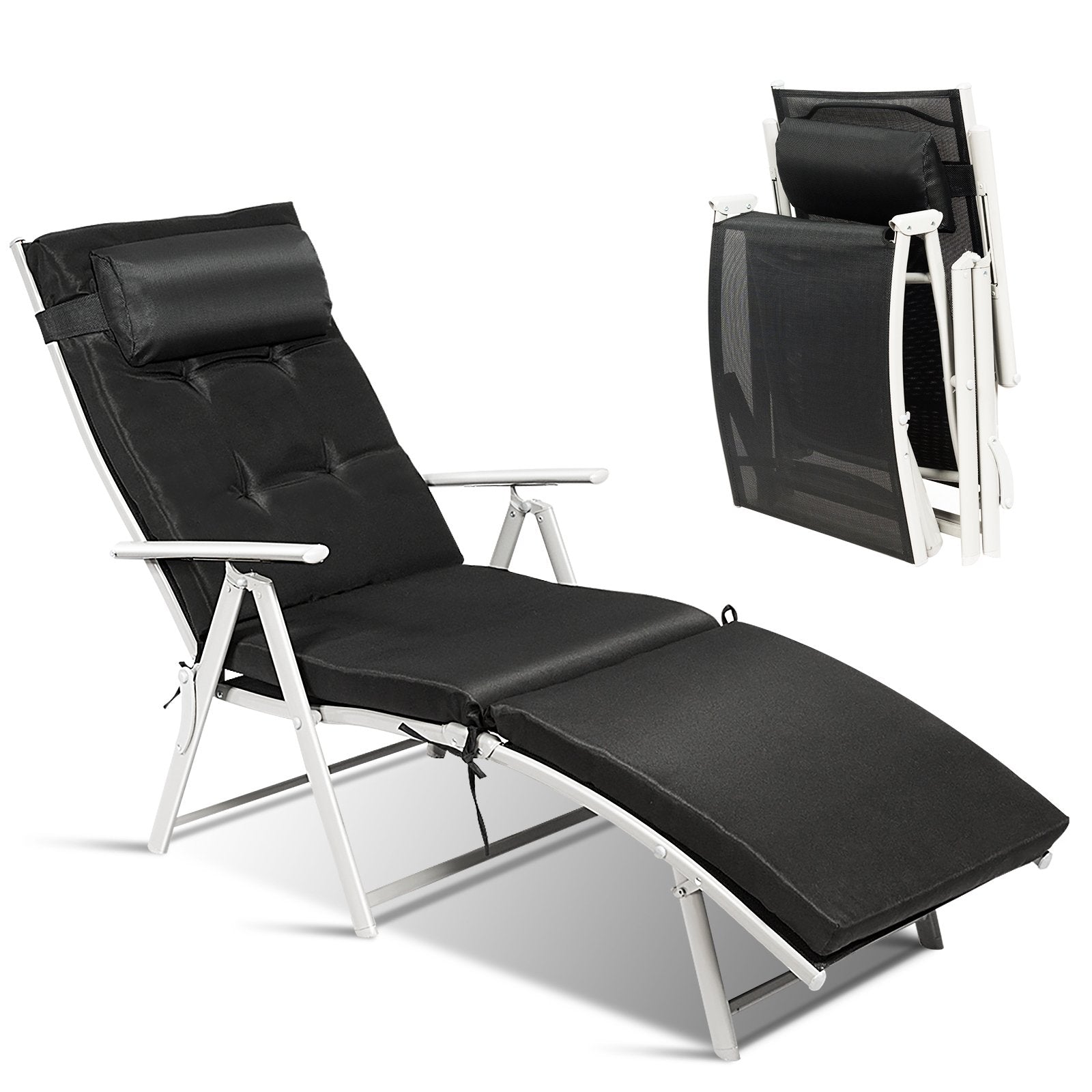 Adjustable Outdoor Lightweight Folding Chaise Lounge Chair with Pillow, Black Outdoor Chaise Lounges   at Gallery Canada