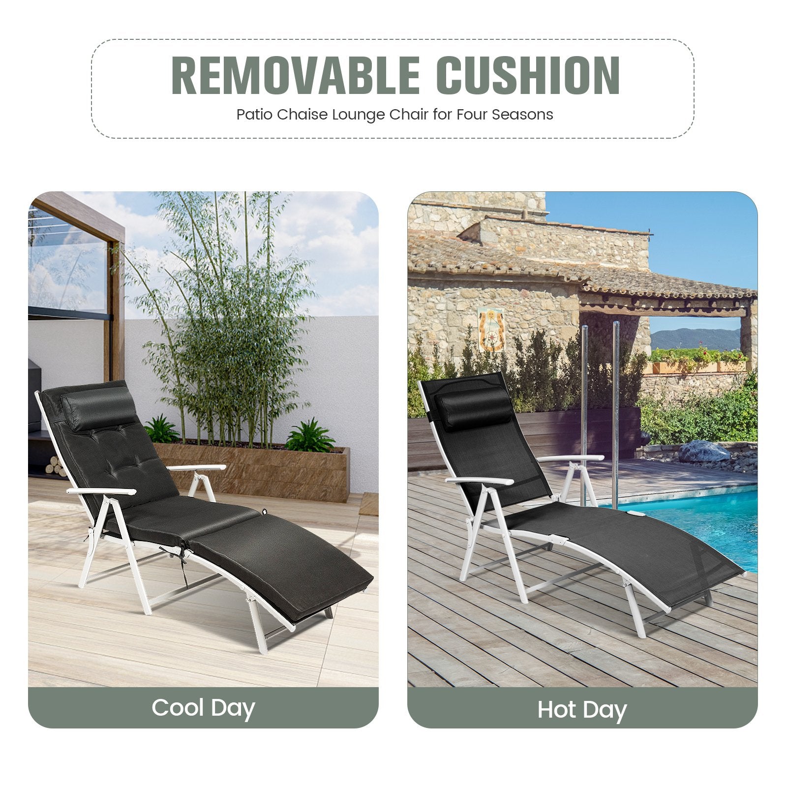 Adjustable Outdoor Lightweight Folding Chaise Lounge Chair with Pillow, Black Outdoor Chaise Lounges   at Gallery Canada