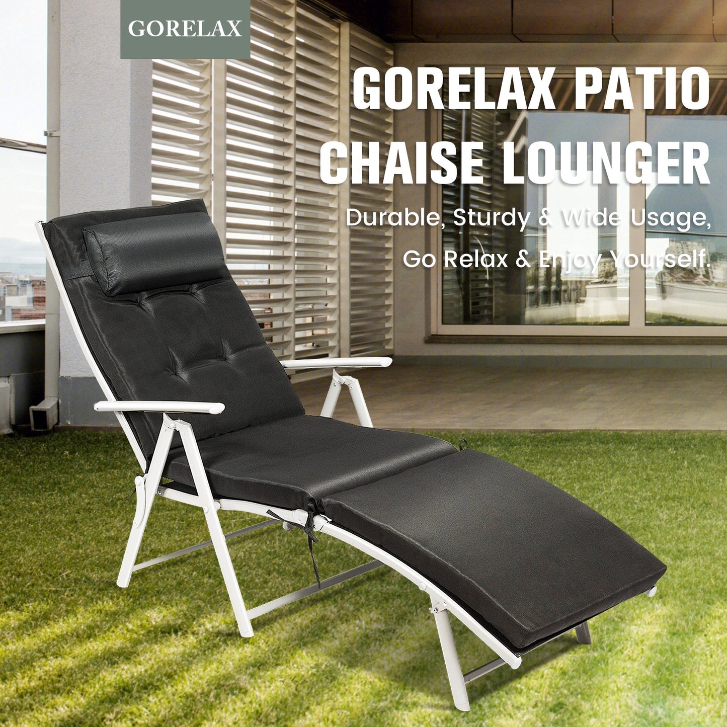 Adjustable Outdoor Lightweight Folding Chaise Lounge Chair with Pillow, Black Outdoor Chaise Lounges   at Gallery Canada