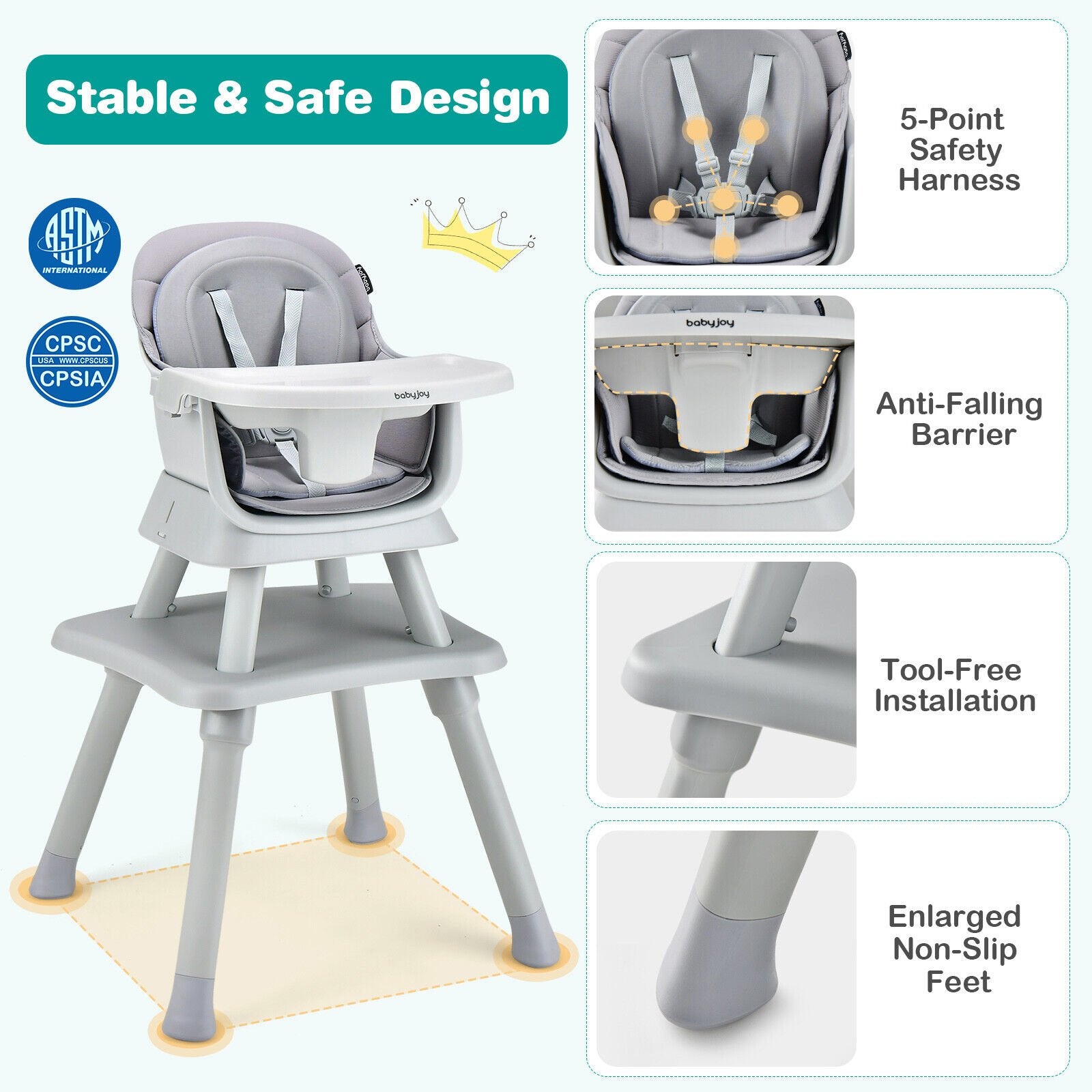 6-in-1 Convertible Baby High Chair with Adjustable Removable Tray, Gray High Chairs   at Gallery Canada