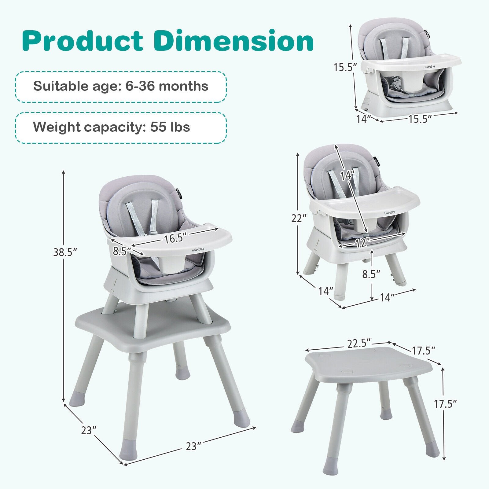 6-in-1 Convertible Baby High Chair with Adjustable Removable Tray, Gray High Chairs   at Gallery Canada