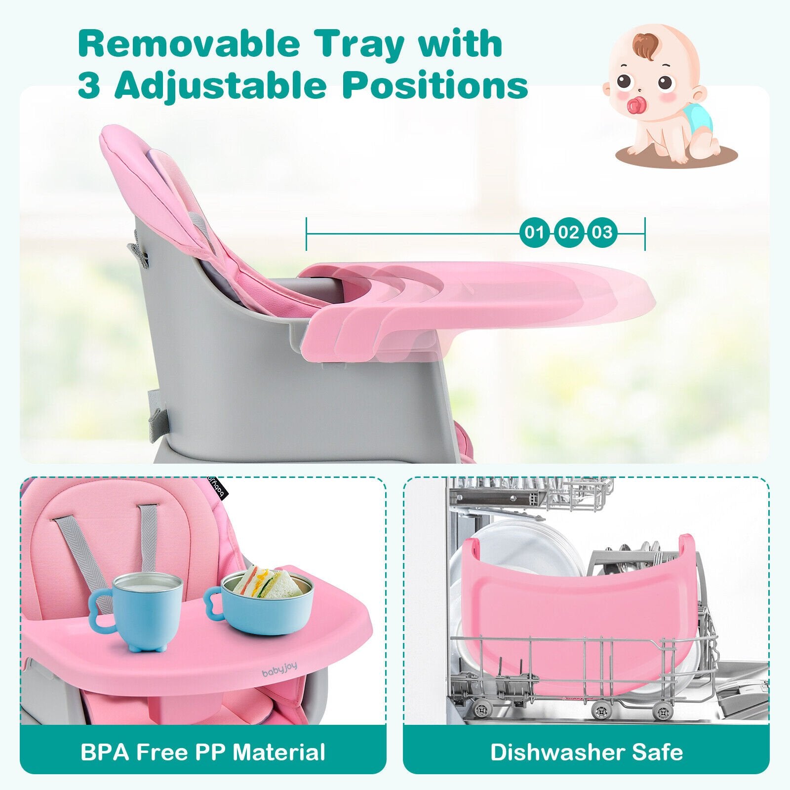 6-in-1 Convertible Baby High Chair with Adjustable Removable Tray, Pink High Chairs   at Gallery Canada