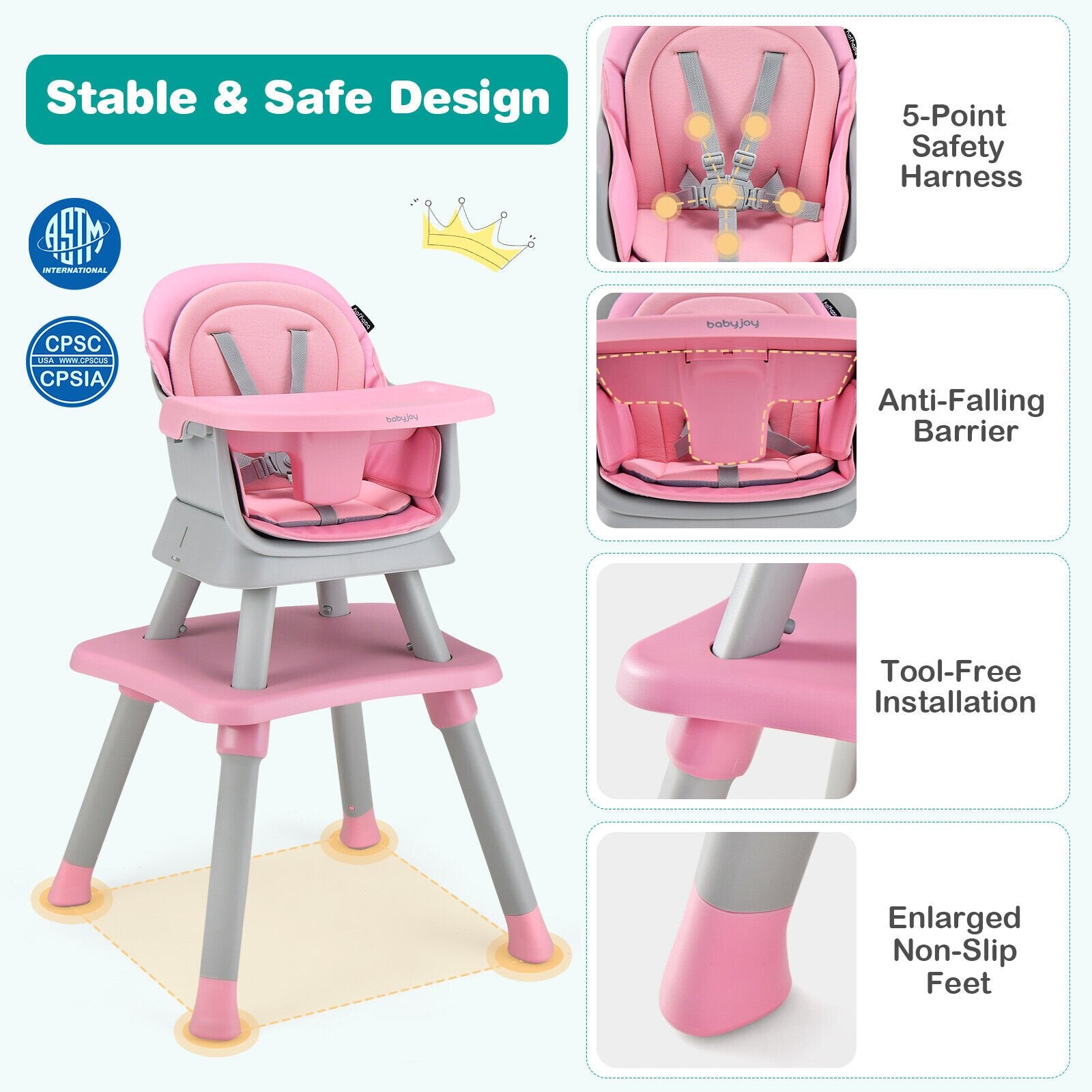 6-in-1 Convertible Baby High Chair with Adjustable Removable Tray, Pink High Chairs   at Gallery Canada