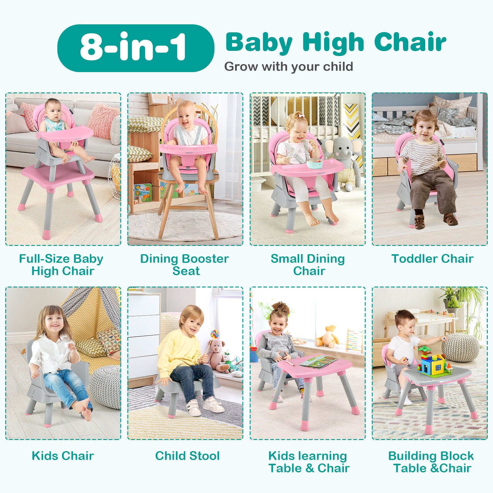 6-in-1 Convertible Baby High Chair with Adjustable Removable Tray, Pink High Chairs   at Gallery Canada