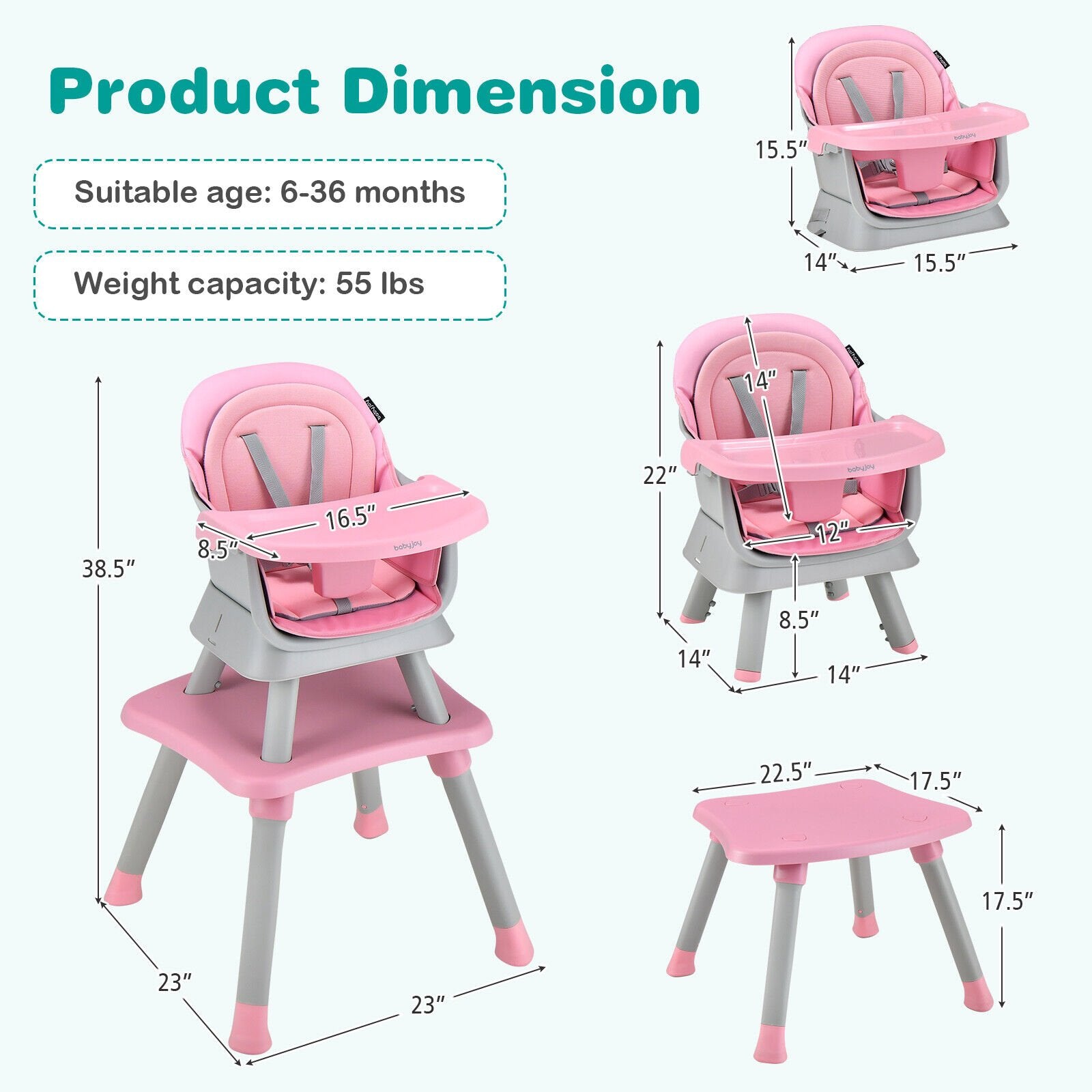 6-in-1 Convertible Baby High Chair with Adjustable Removable Tray, Pink High Chairs   at Gallery Canada