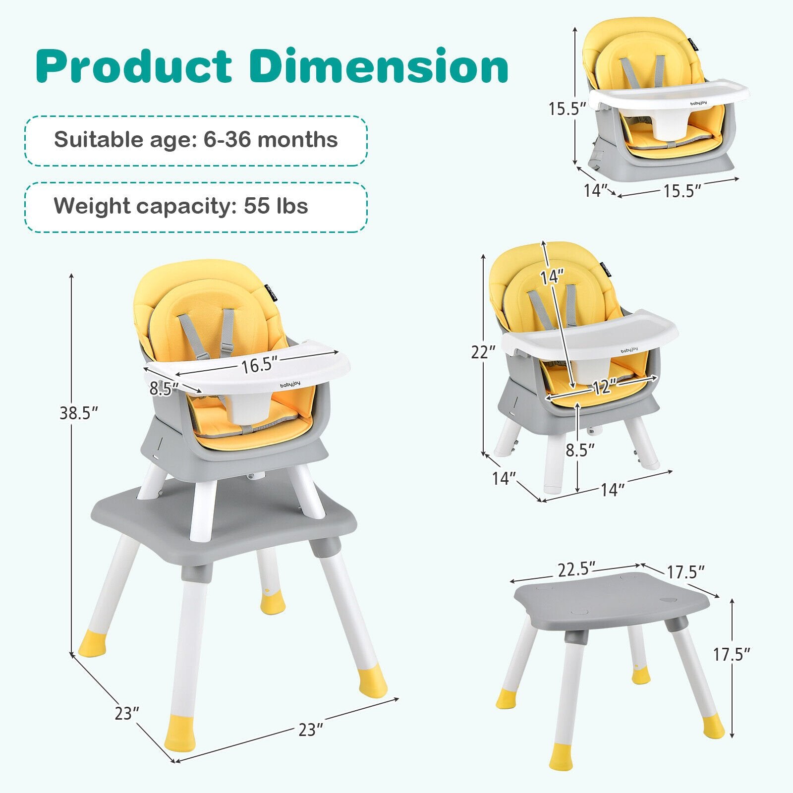 6-in-1 Convertible Baby High Chair with Adjustable Removable Tray, Yellow High Chairs   at Gallery Canada