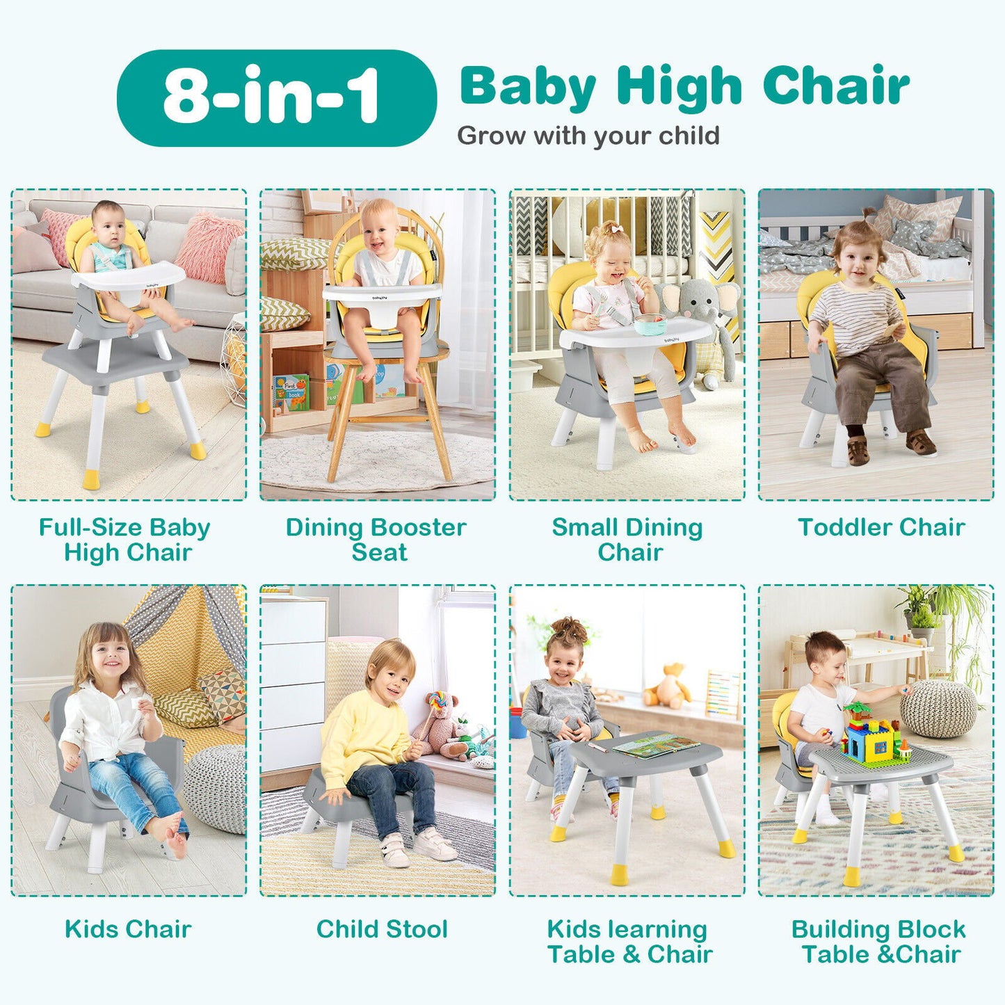 6-in-1 Convertible Baby High Chair with Adjustable Removable Tray, Yellow High Chairs   at Gallery Canada