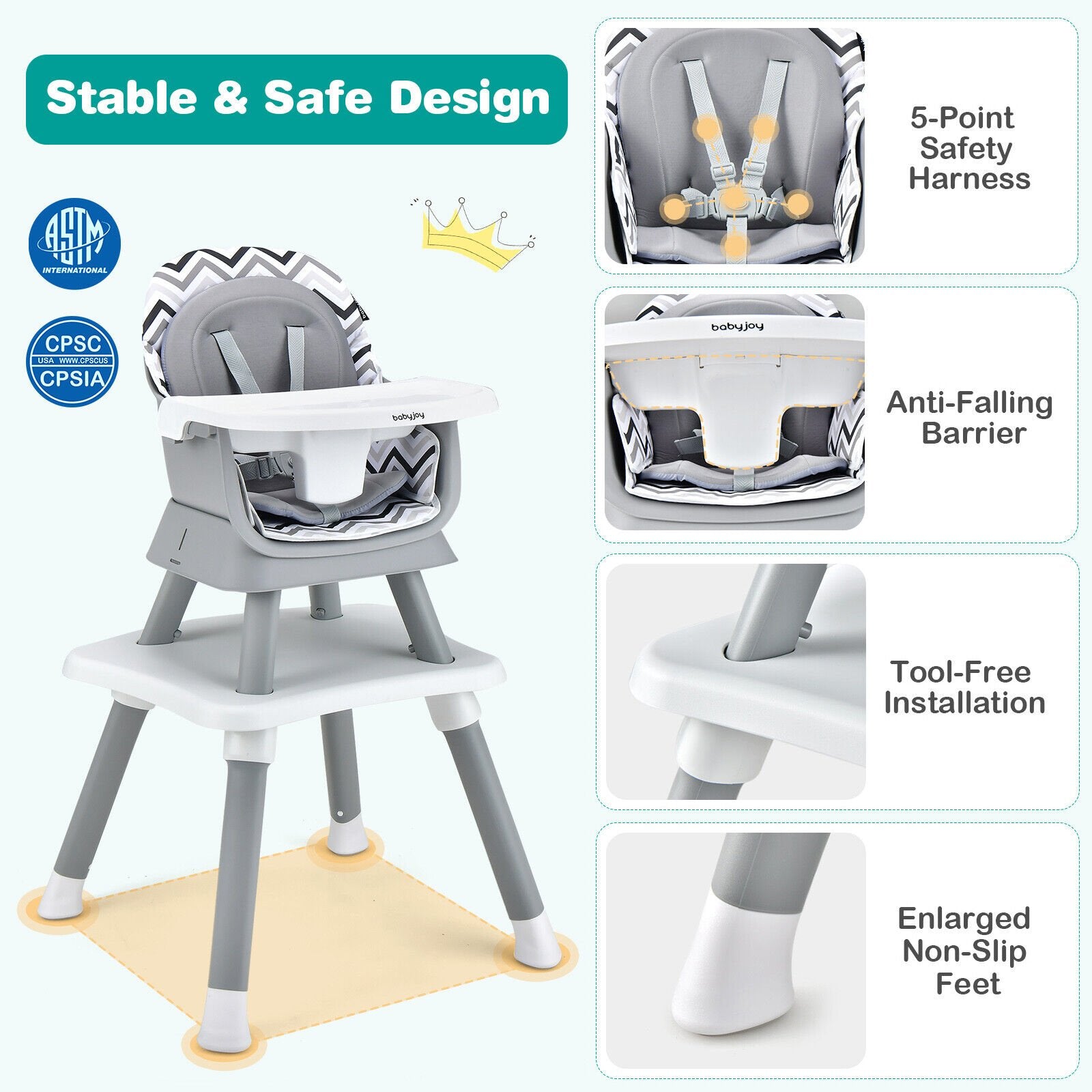 6-in-1 Convertible Baby High Chair with Adjustable Removable Tray, Gray & White High Chairs   at Gallery Canada