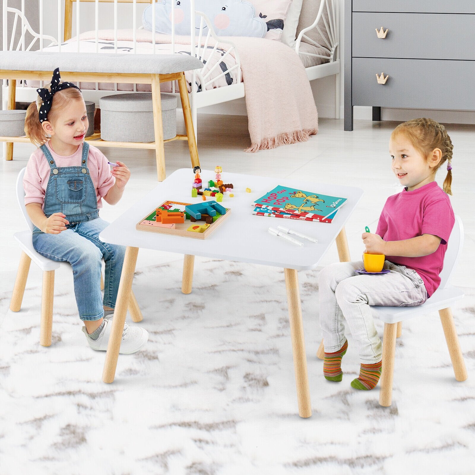 3 Pieces Kids Table and Chairs Set for Arts Crafts Snack Time, White Kids Table & Chair Sets   at Gallery Canada