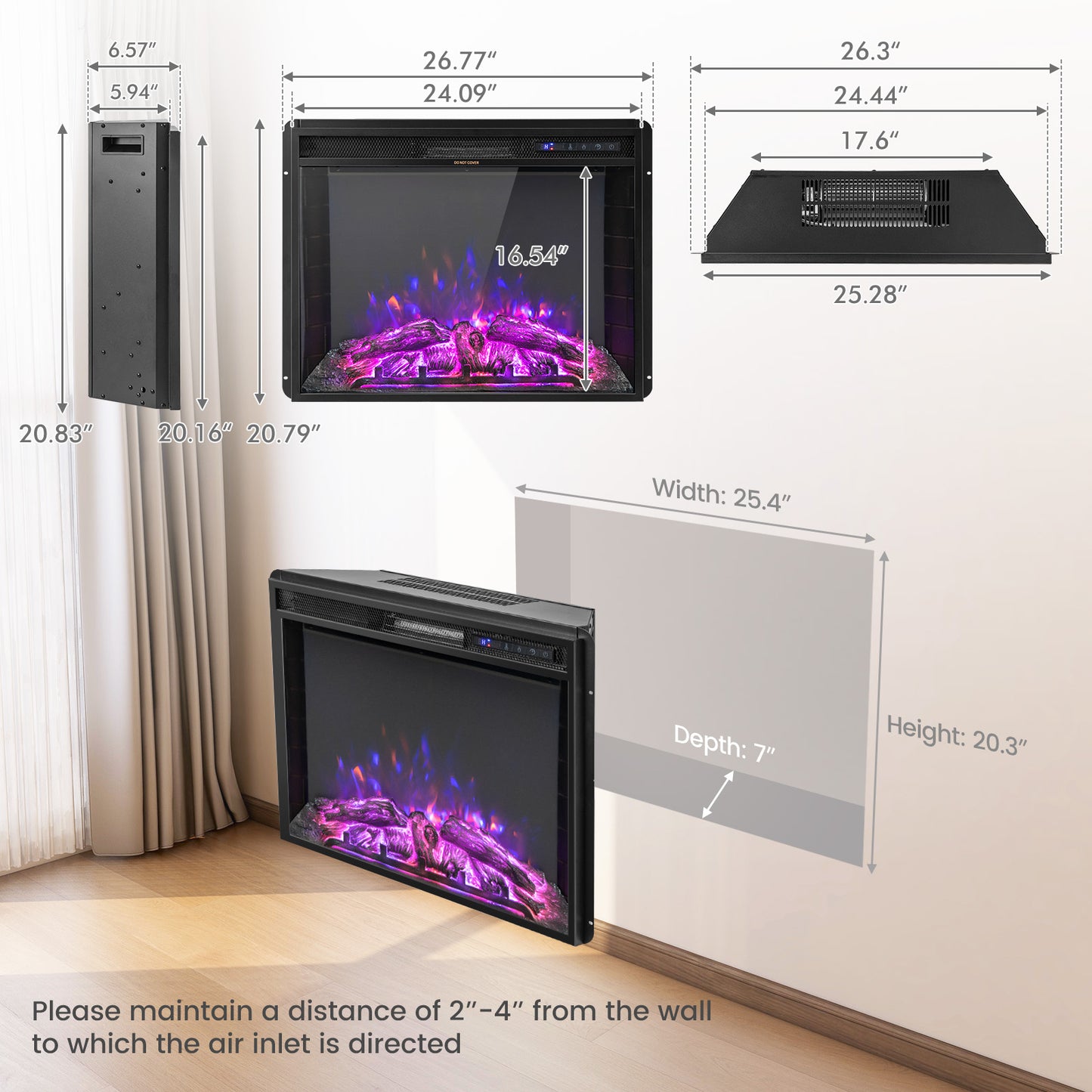 26 Inch Recessed Electric Fireplace with Adjustable Flame Brightness, Black - Gallery Canada