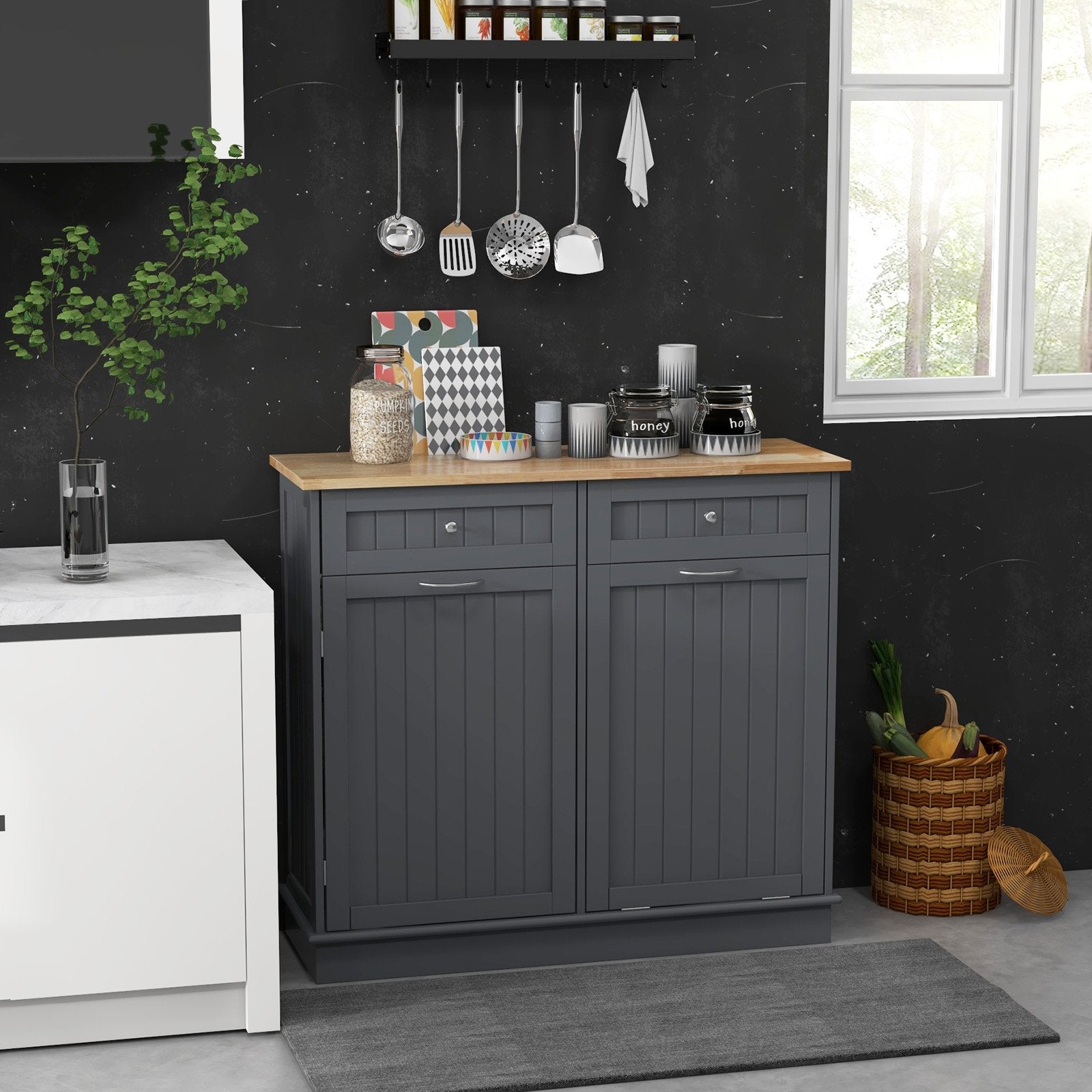 Rubber Wood Kitchen Trash Cabinet with Single Trash Can Holder and Adjustable Shelf, Gray Sideboards Cabinets & Buffets   at Gallery Canada