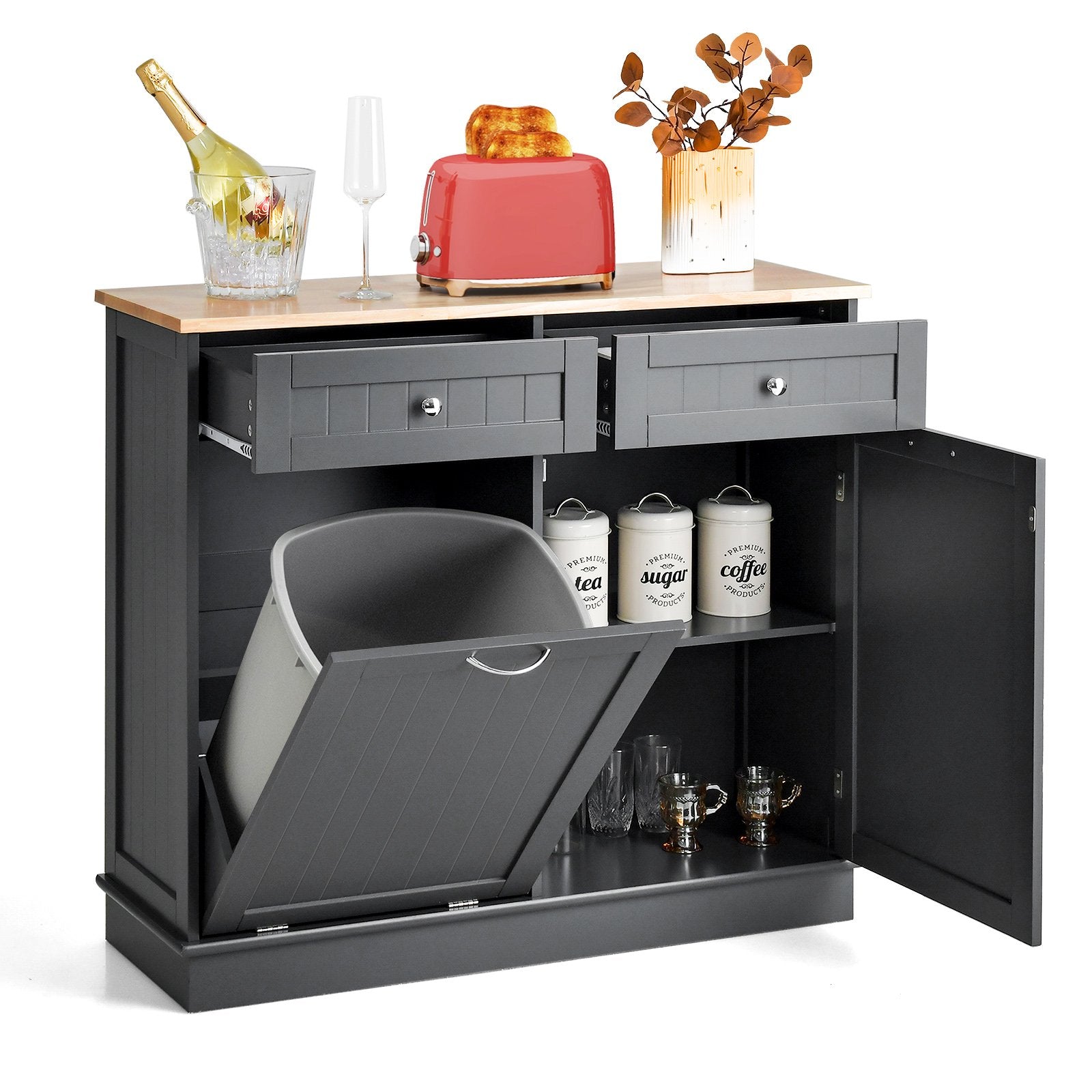 Rubber Wood Kitchen Trash Cabinet with Single Trash Can Holder and Adjustable Shelf, Gray Sideboards Cabinets & Buffets   at Gallery Canada