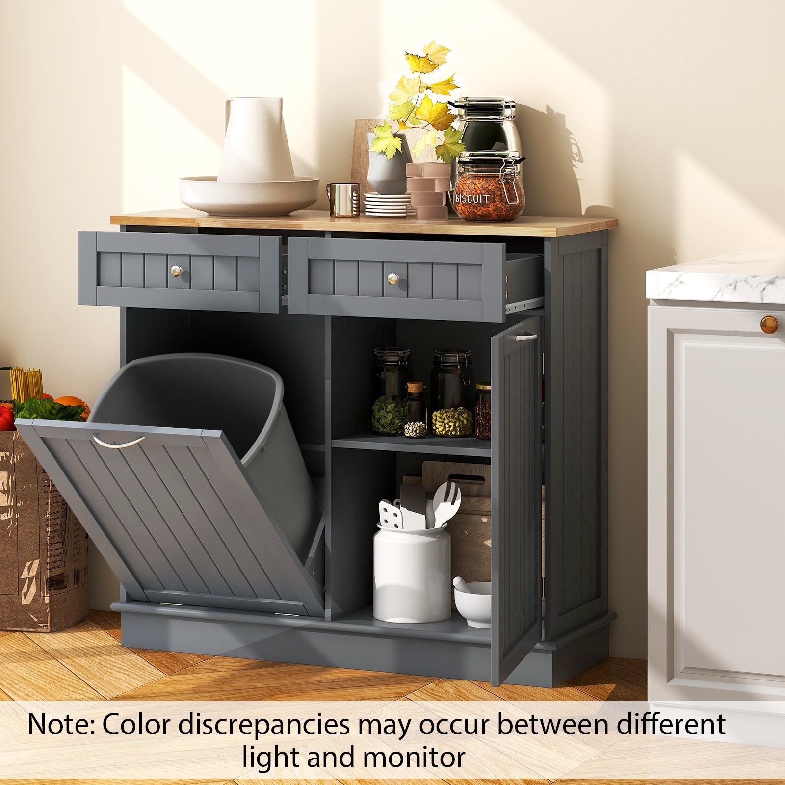 Rubber Wood Kitchen Trash Cabinet with Single Trash Can Holder and Adjustable Shelf, Gray Sideboards Cabinets & Buffets   at Gallery Canada