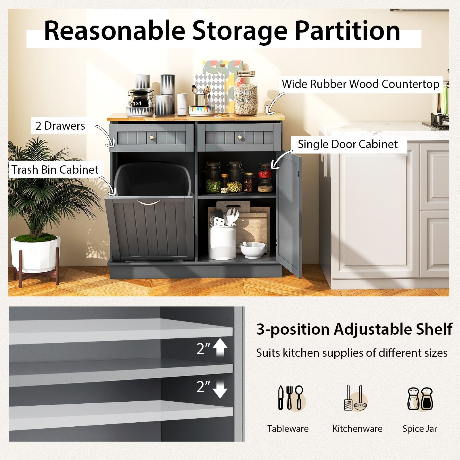 Rubber Wood Kitchen Trash Cabinet with Single Trash Can Holder and Adjustable Shelf, Gray Sideboards Cabinets & Buffets   at Gallery Canada