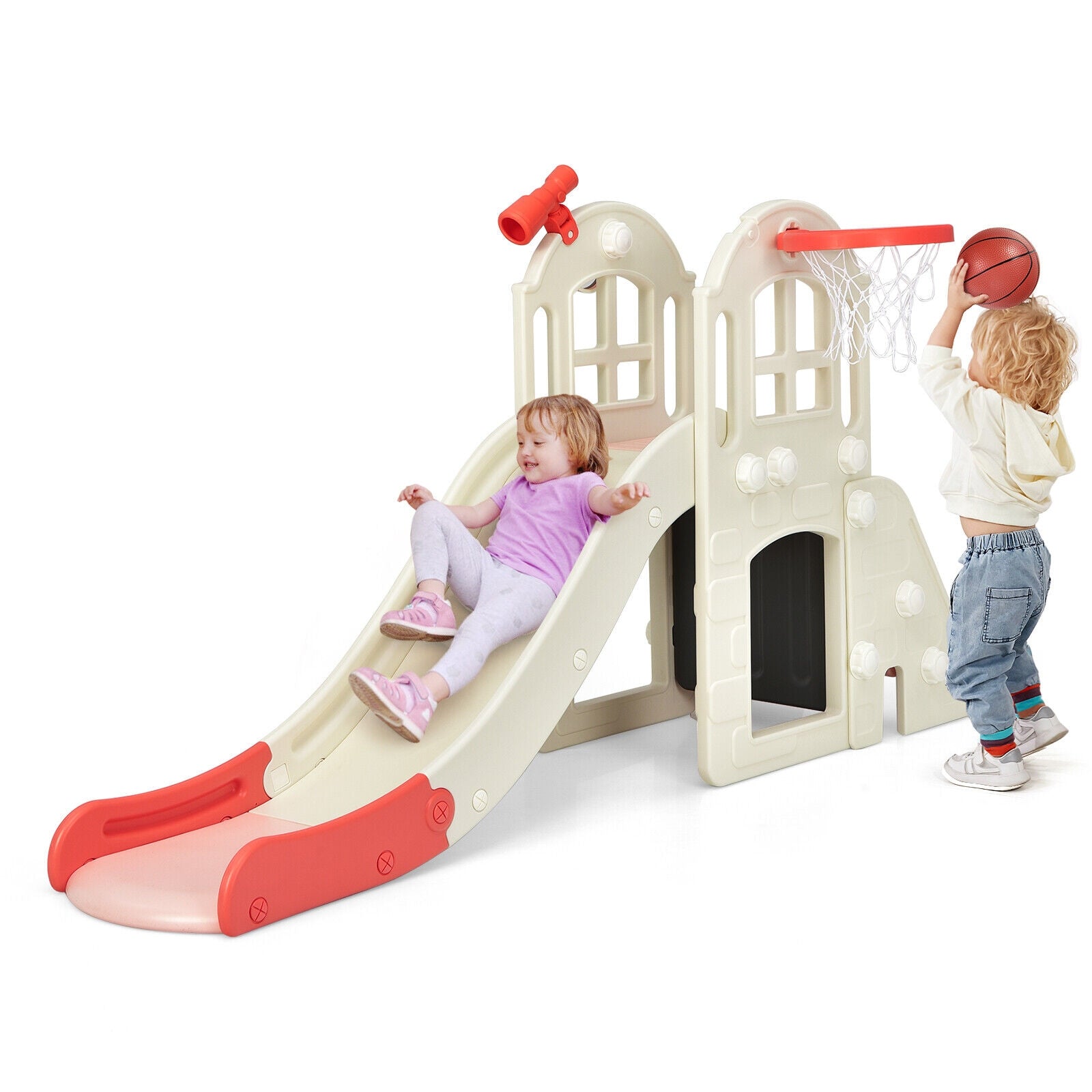 6-In-1 Large Slide for Kids Toddler Climber Slide Playset with Basketball Hoop, Pink Climbers & Slides   at Gallery Canada