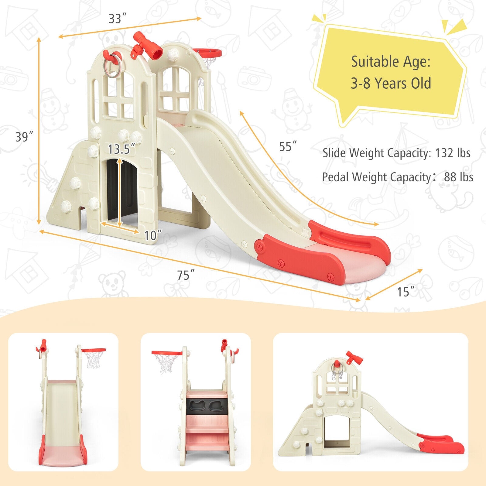 6-In-1 Large Slide for Kids Toddler Climber Slide Playset with Basketball Hoop, Pink Climbers & Slides   at Gallery Canada