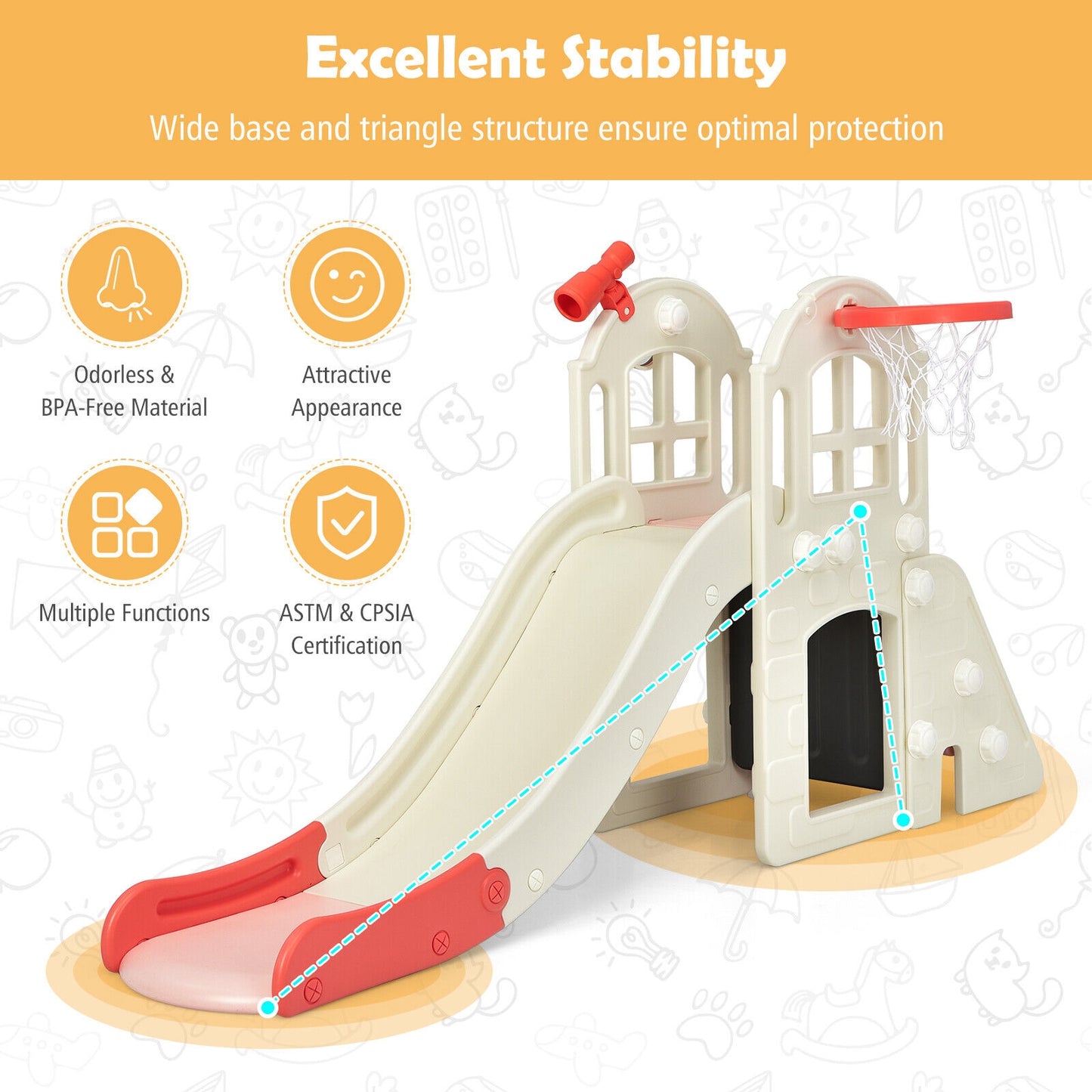 6-In-1 Large Slide for Kids Toddler Climber Slide Playset with Basketball Hoop, Pink Climbers & Slides   at Gallery Canada