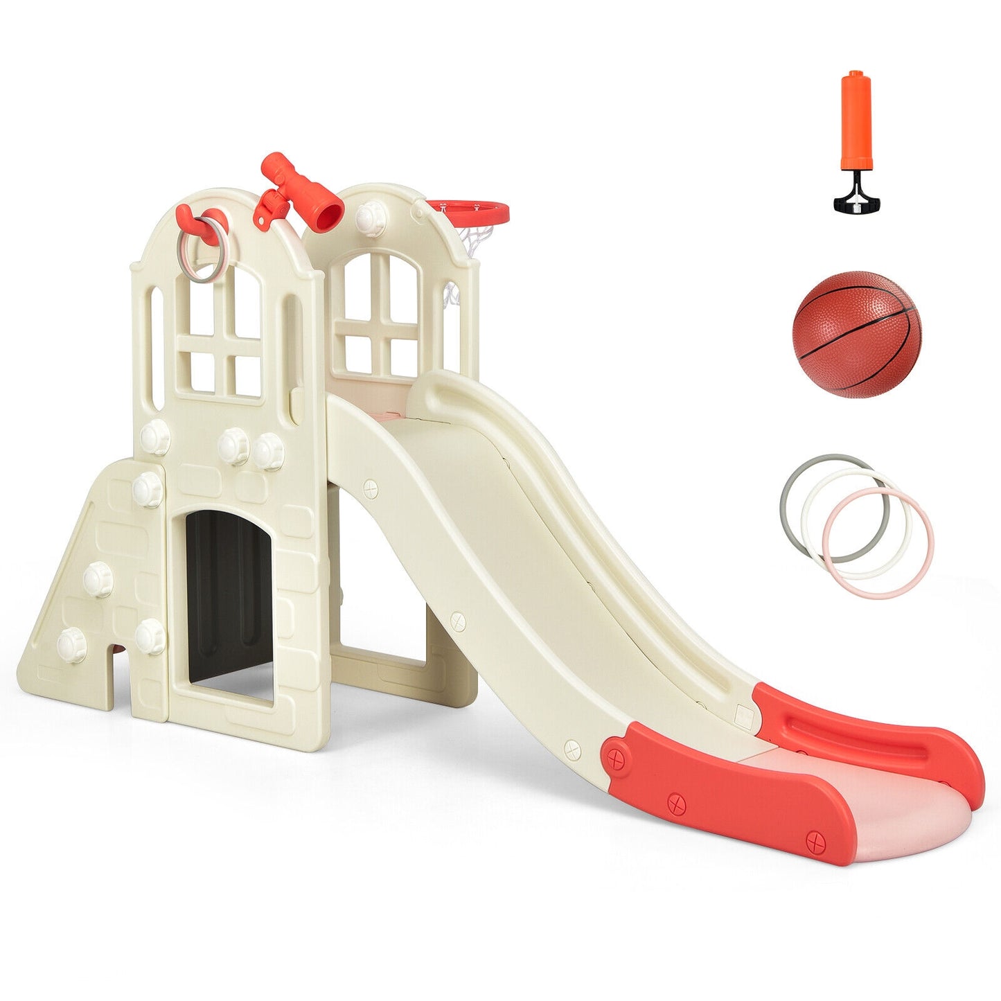 6-In-1 Large Slide for Kids Toddler Climber Slide Playset with Basketball Hoop, Pink Climbers & Slides   at Gallery Canada