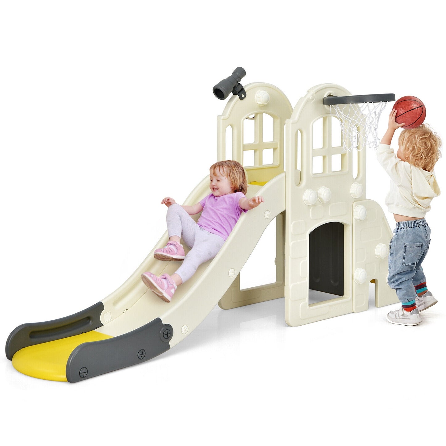 6-In-1 Large Slide for Kids Toddler Climber Slide Playset with Basketball Hoop, Yellow Climbers & Slides   at Gallery Canada