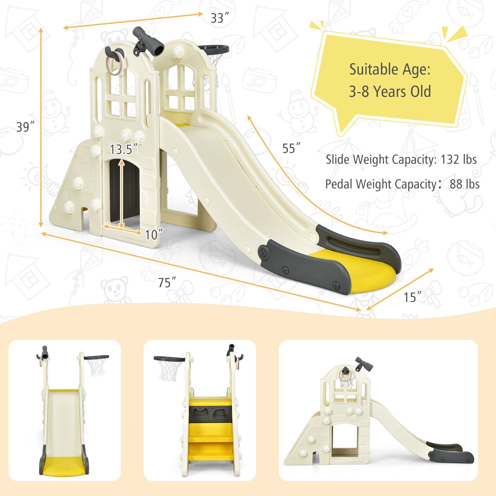 6-In-1 Large Slide for Kids Toddler Climber Slide Playset with Basketball Hoop, Yellow Climbers & Slides   at Gallery Canada