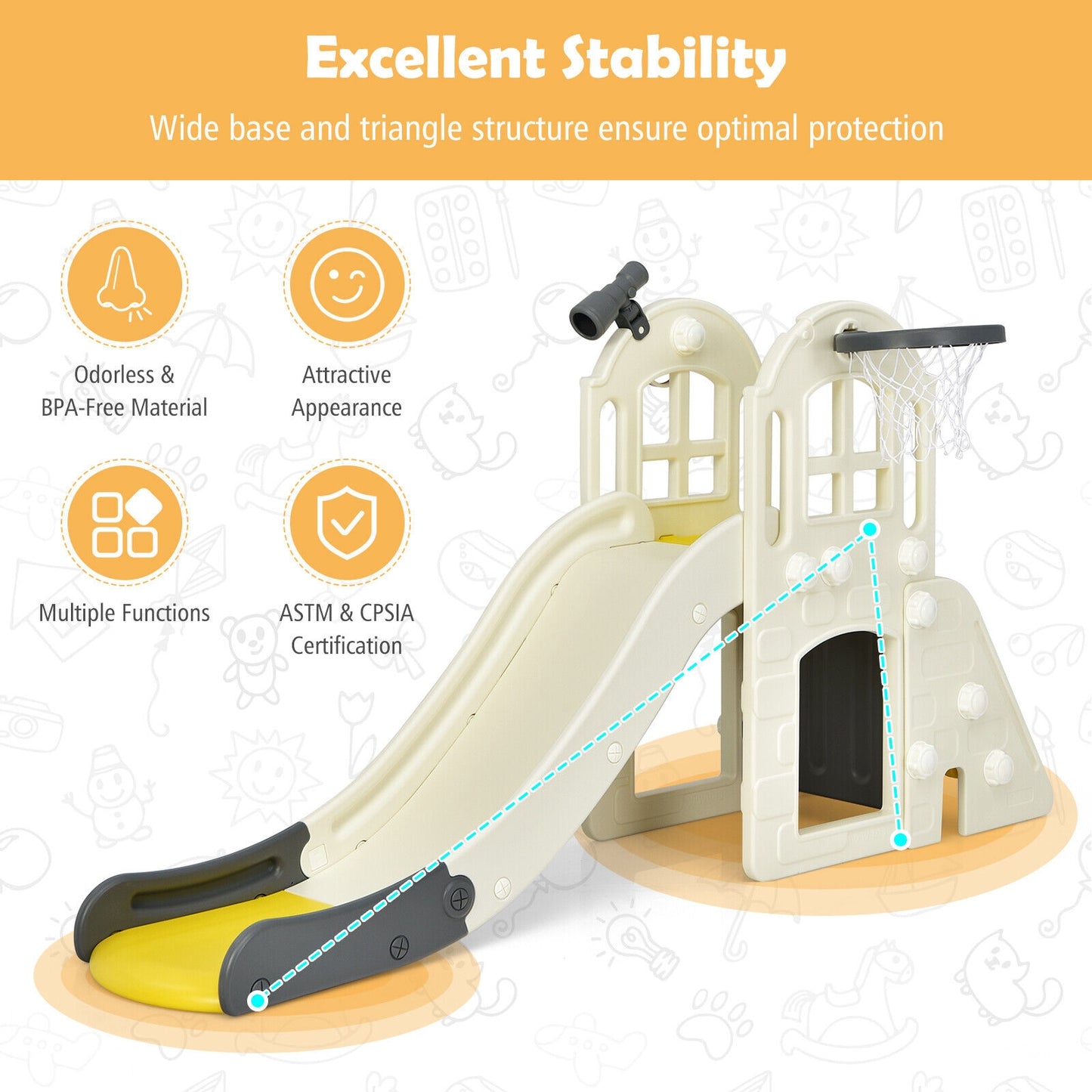 6-In-1 Large Slide for Kids Toddler Climber Slide Playset with Basketball Hoop, Yellow Climbers & Slides   at Gallery Canada