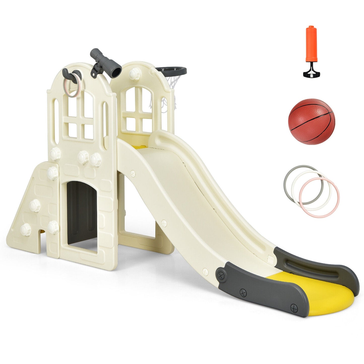 6-In-1 Large Slide for Kids Toddler Climber Slide Playset with Basketball Hoop, Yellow Climbers & Slides   at Gallery Canada