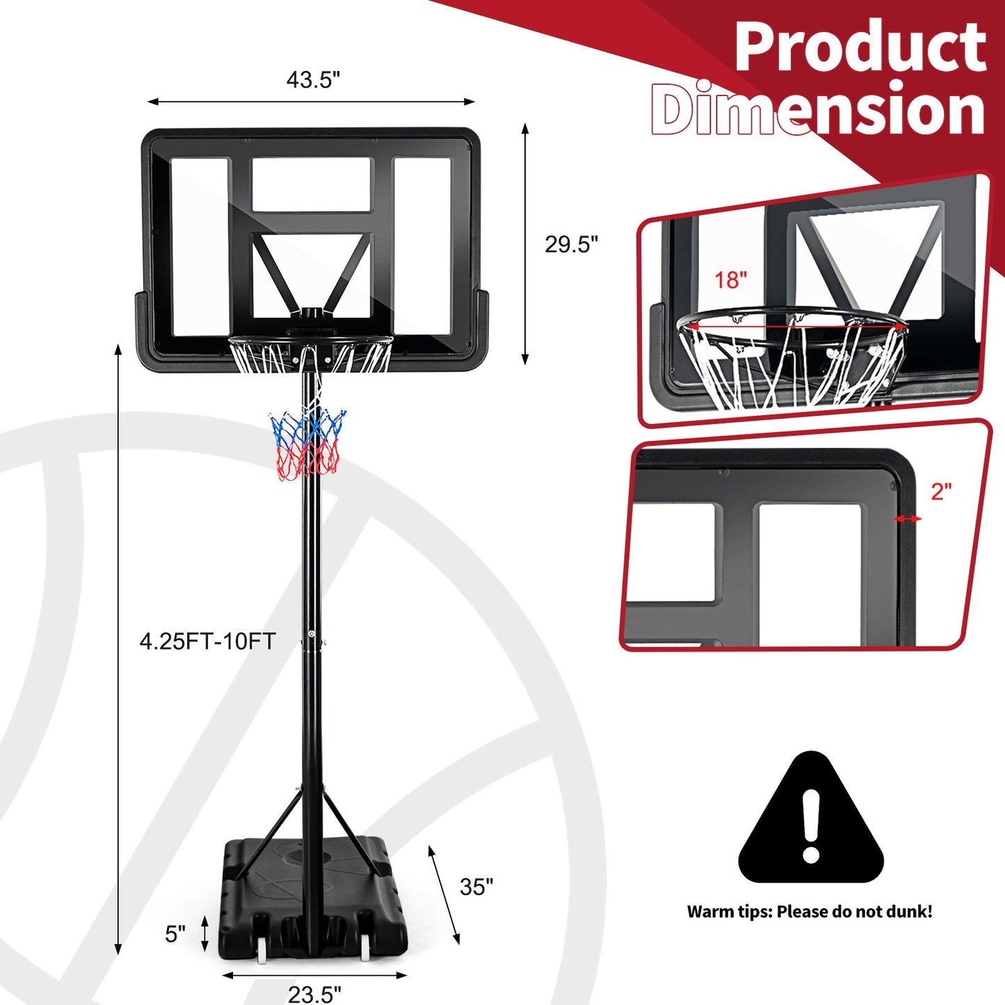 Adjustable Portable Basketball Hoop Stand with Shatterproof Backboard Wheels, Black - Gallery Canada