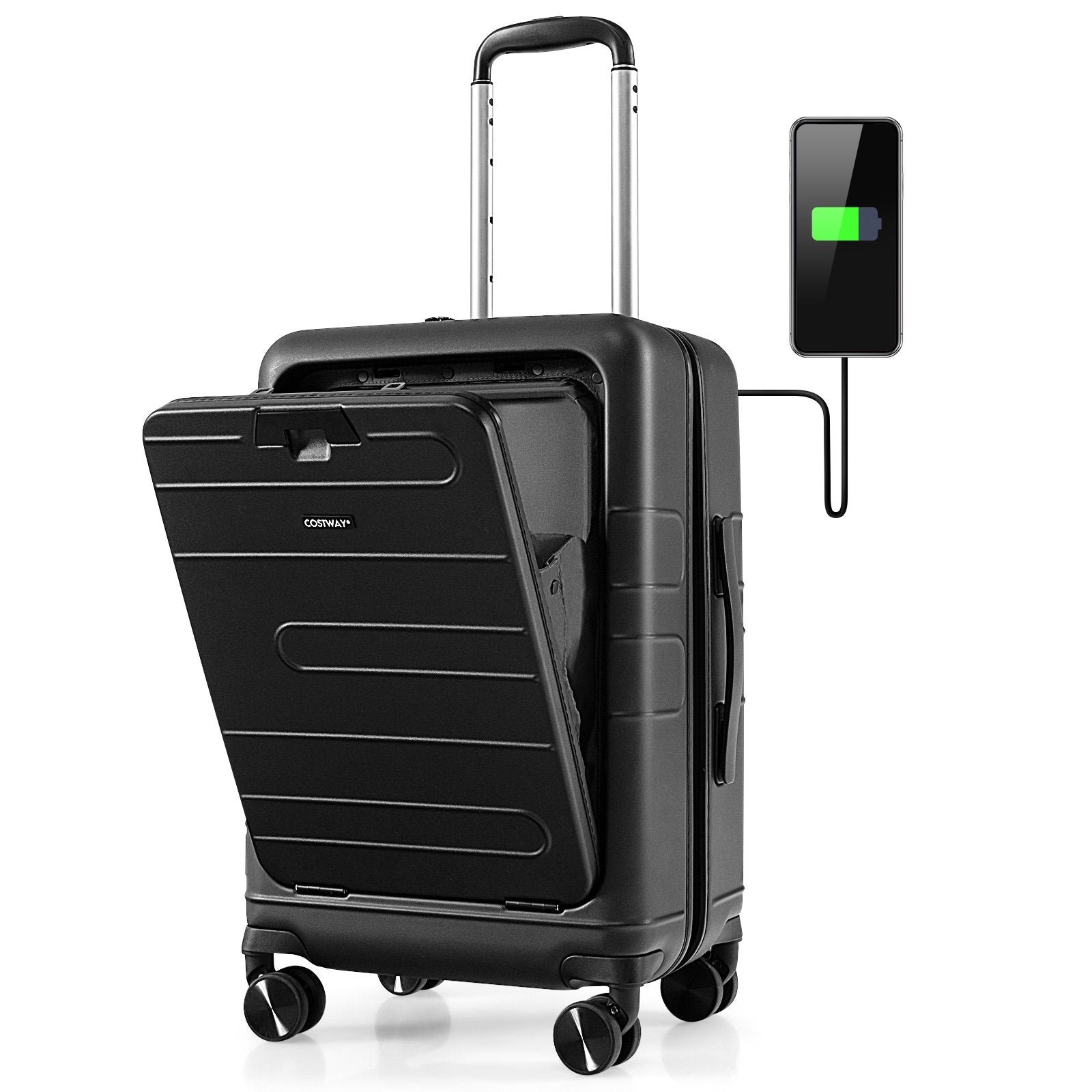 20 Inch Carry-on Luggage PC Hardside Suitcase TSA Lock with Front Pocket and USB Port, Black Camping at Gallery Canada