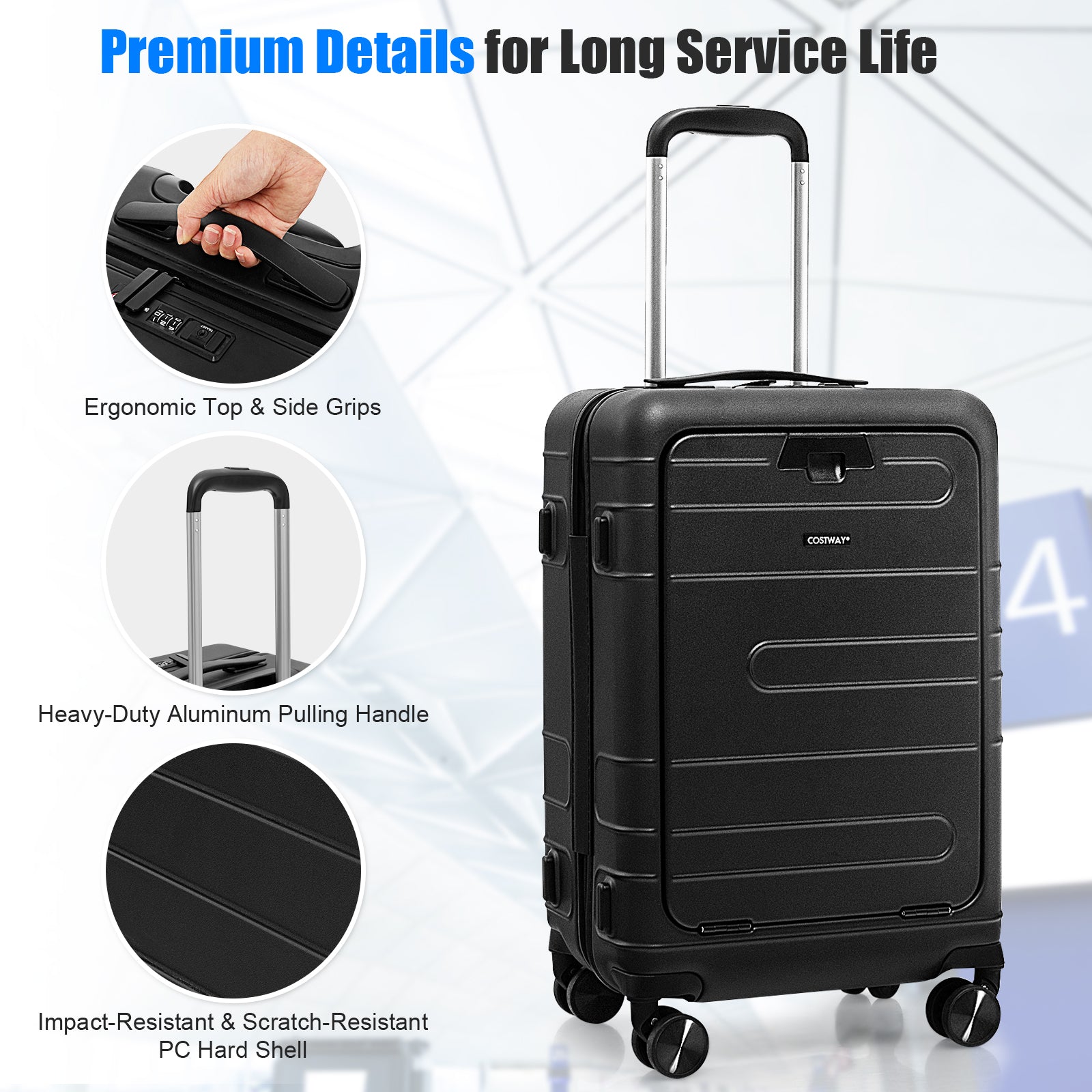 20 Inch Carry-on Luggage PC Hardside Suitcase TSA Lock with Front Pocket and USB Port, Black Camping at Gallery Canada