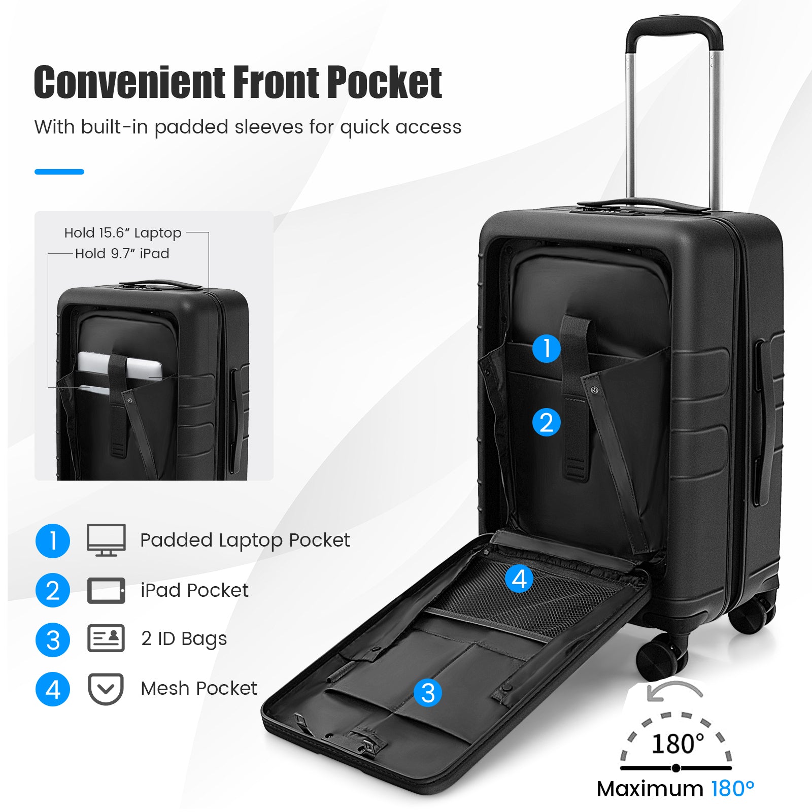 20 Inch Carry-on Luggage PC Hardside Suitcase TSA Lock with Front Pocket and USB Port, Black Camping at Gallery Canada