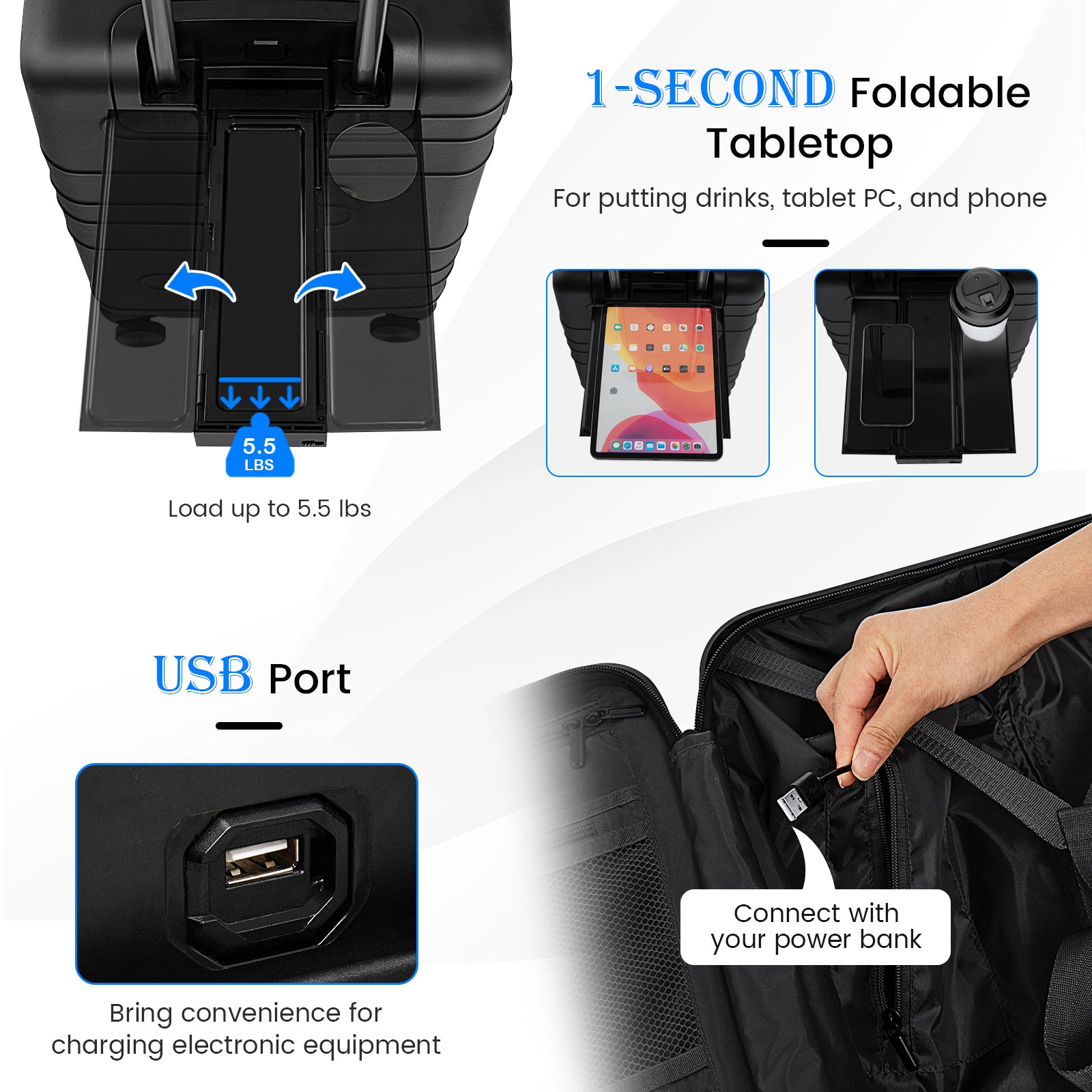 20 Inch Carry-on Luggage PC Hardside Suitcase TSA Lock with Front Pocket and USB Port, Black Camping at Gallery Canada