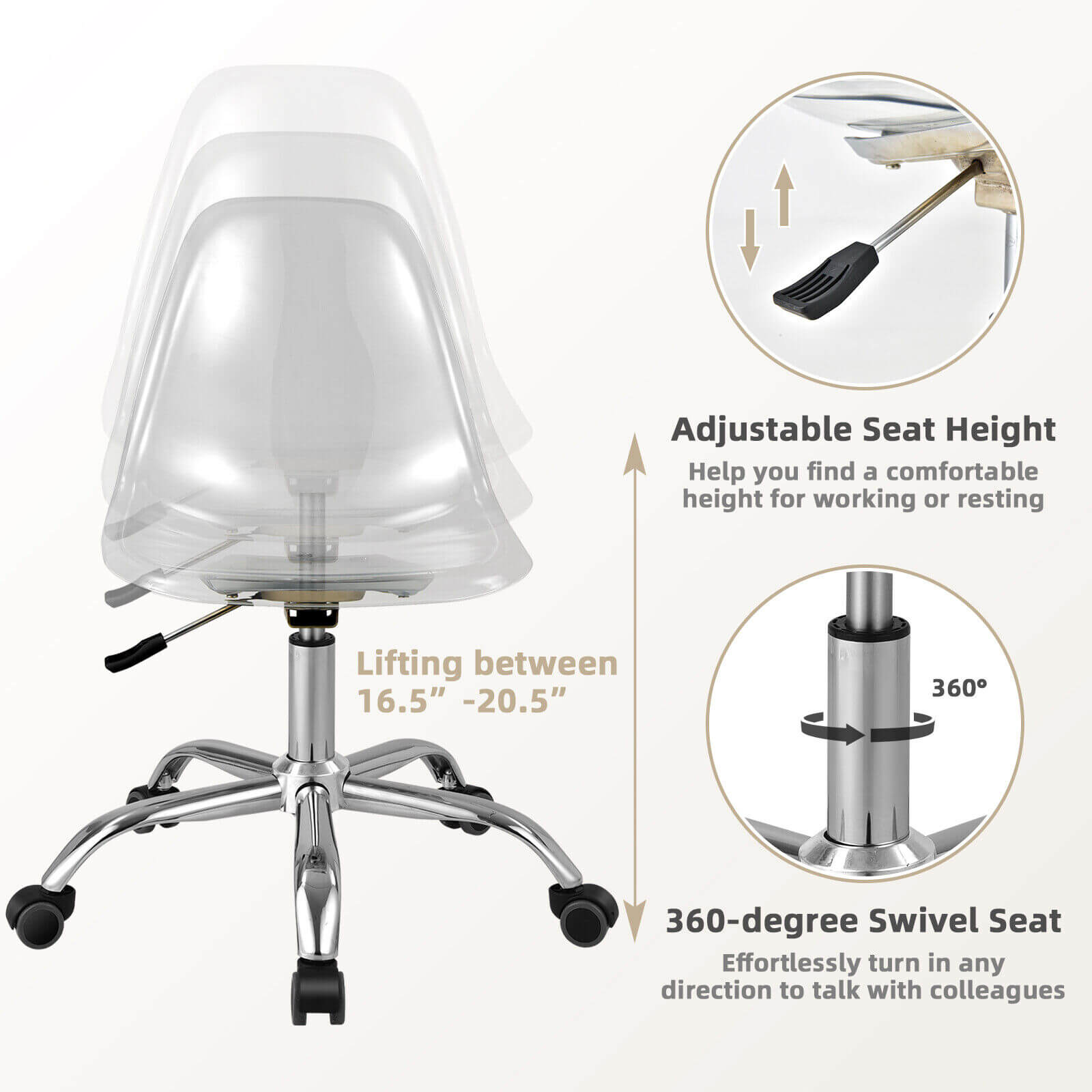 Swivel Acrylic Armless Adjustable Height Office Chair, Transparent Armless Chairs   at Gallery Canada