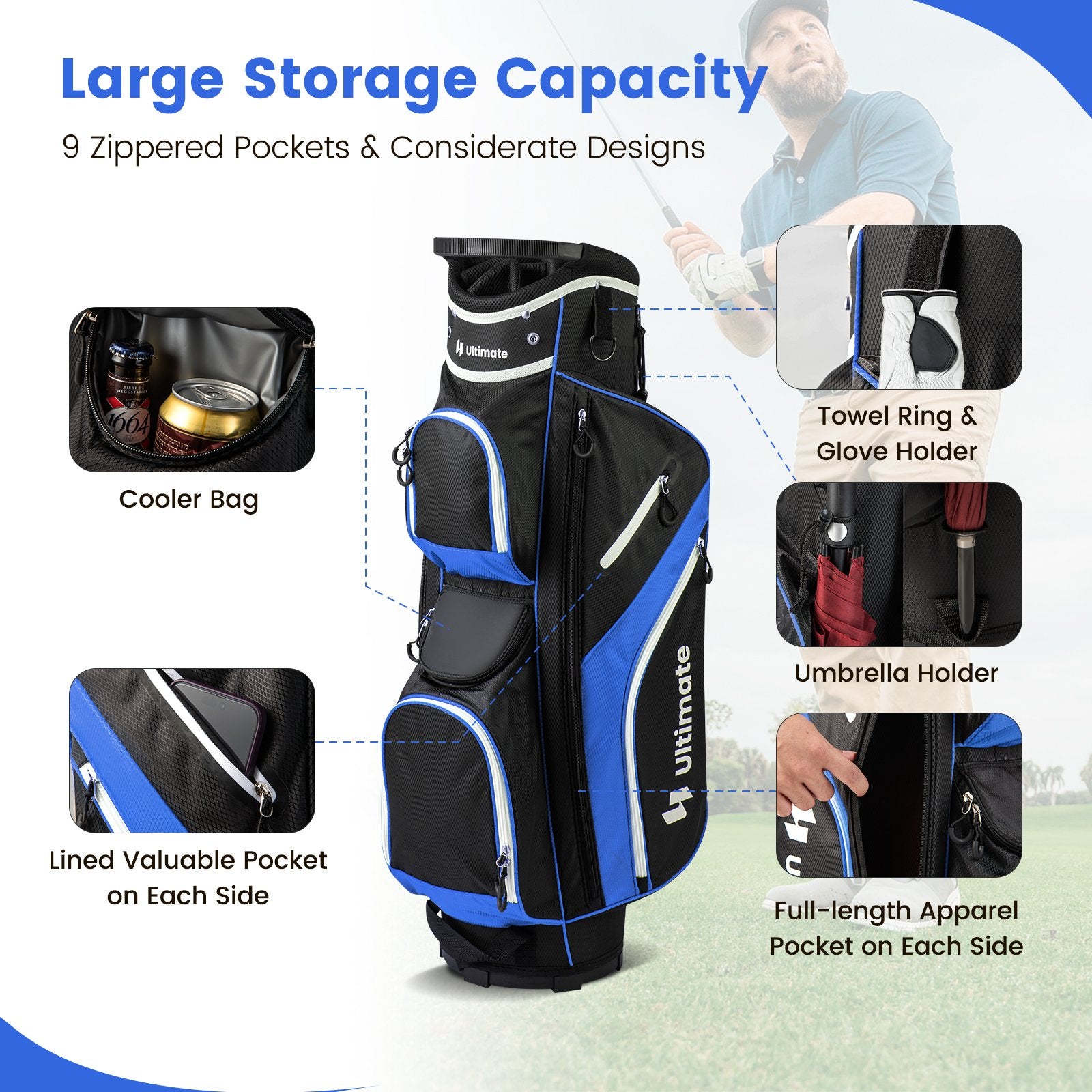 Golf Cart Bag with 14 Way Top Dividers, Blue Golf   at Gallery Canada