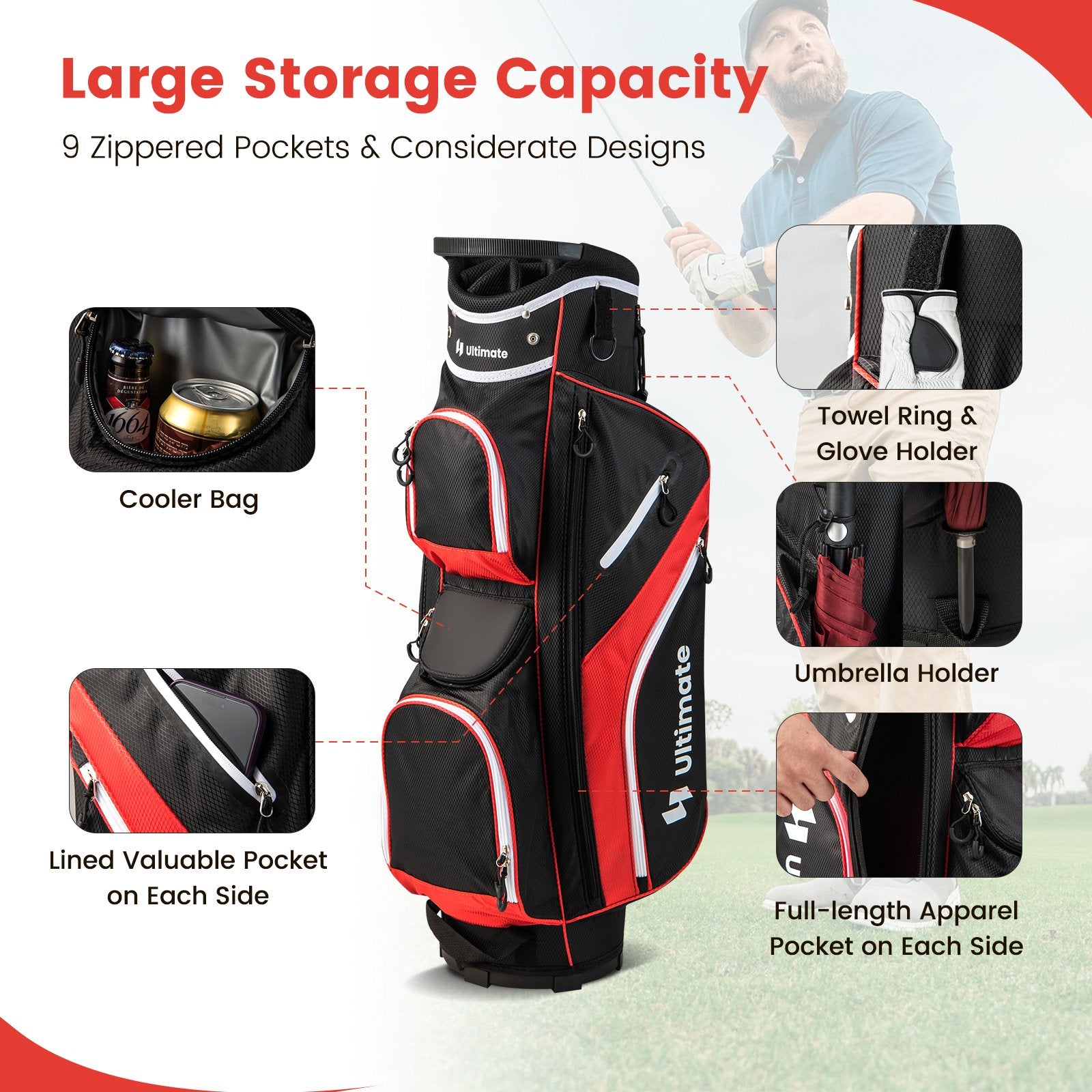 Golf Cart Bag with 14 Way Top Dividers, Red Golf   at Gallery Canada