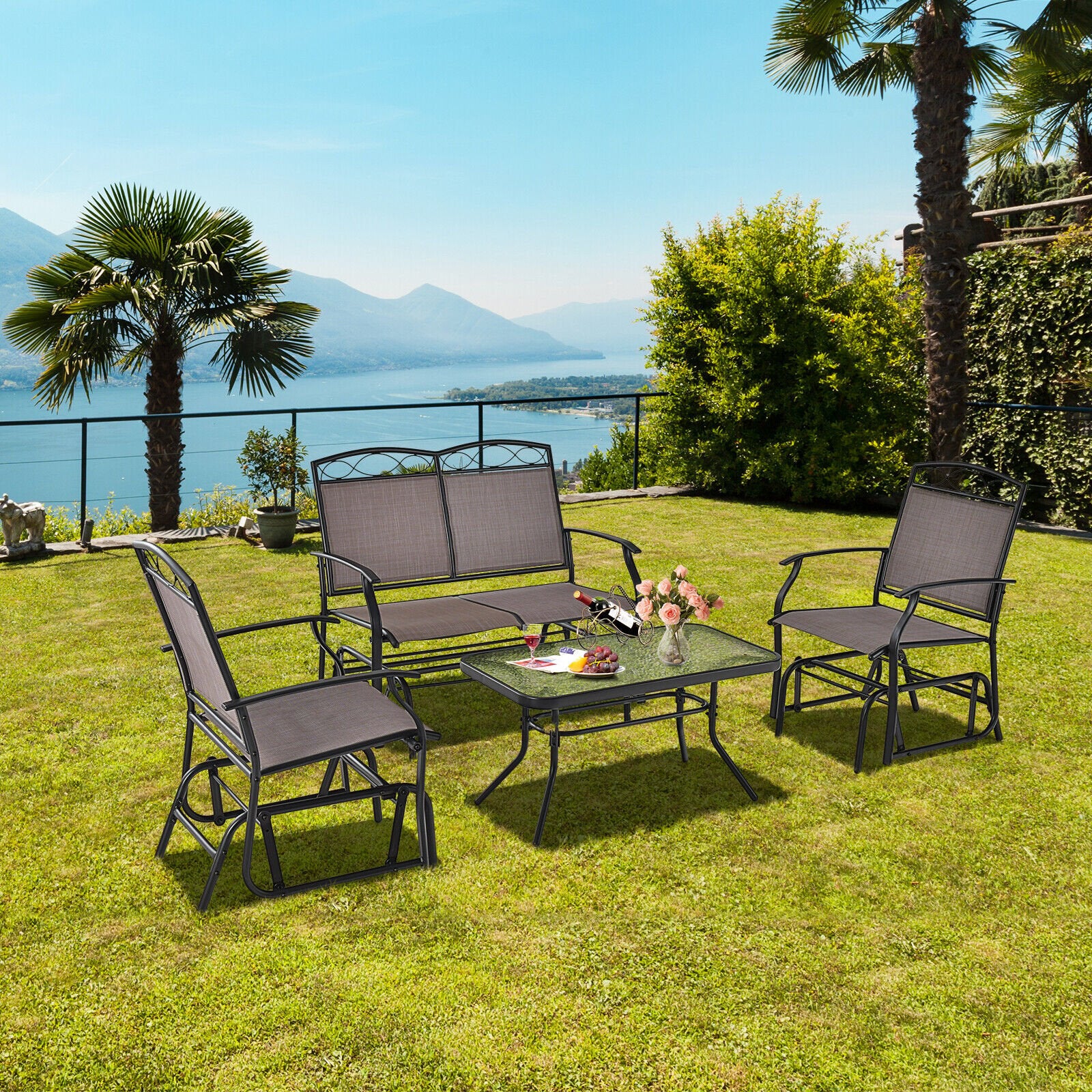 4 Piece Patio Glider Conversation Set with Tempered Glass Table Top, Brown Patio Conversation Sets   at Gallery Canada