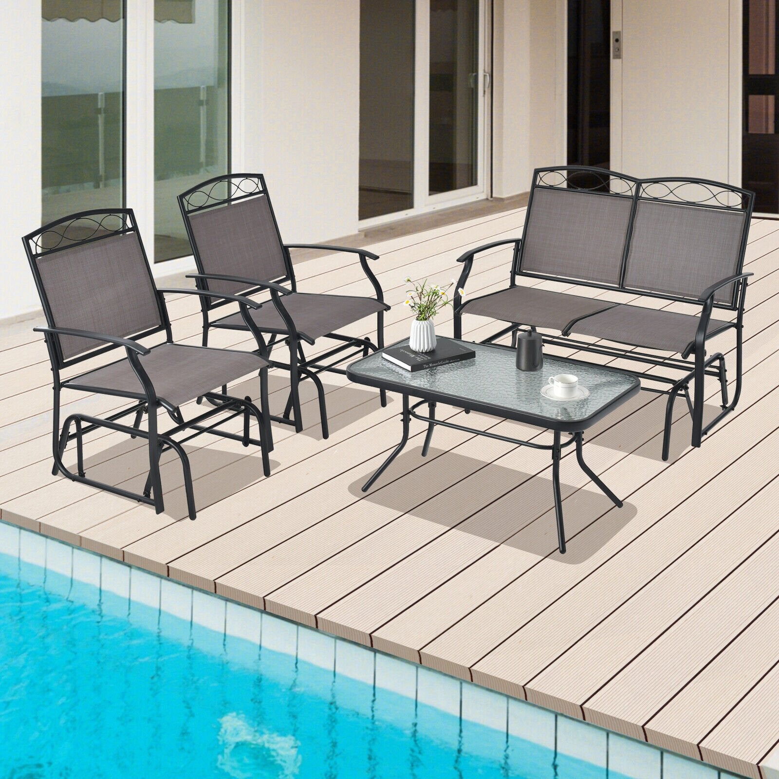 4 Piece Patio Glider Conversation Set with Tempered Glass Table Top, Brown Patio Conversation Sets   at Gallery Canada