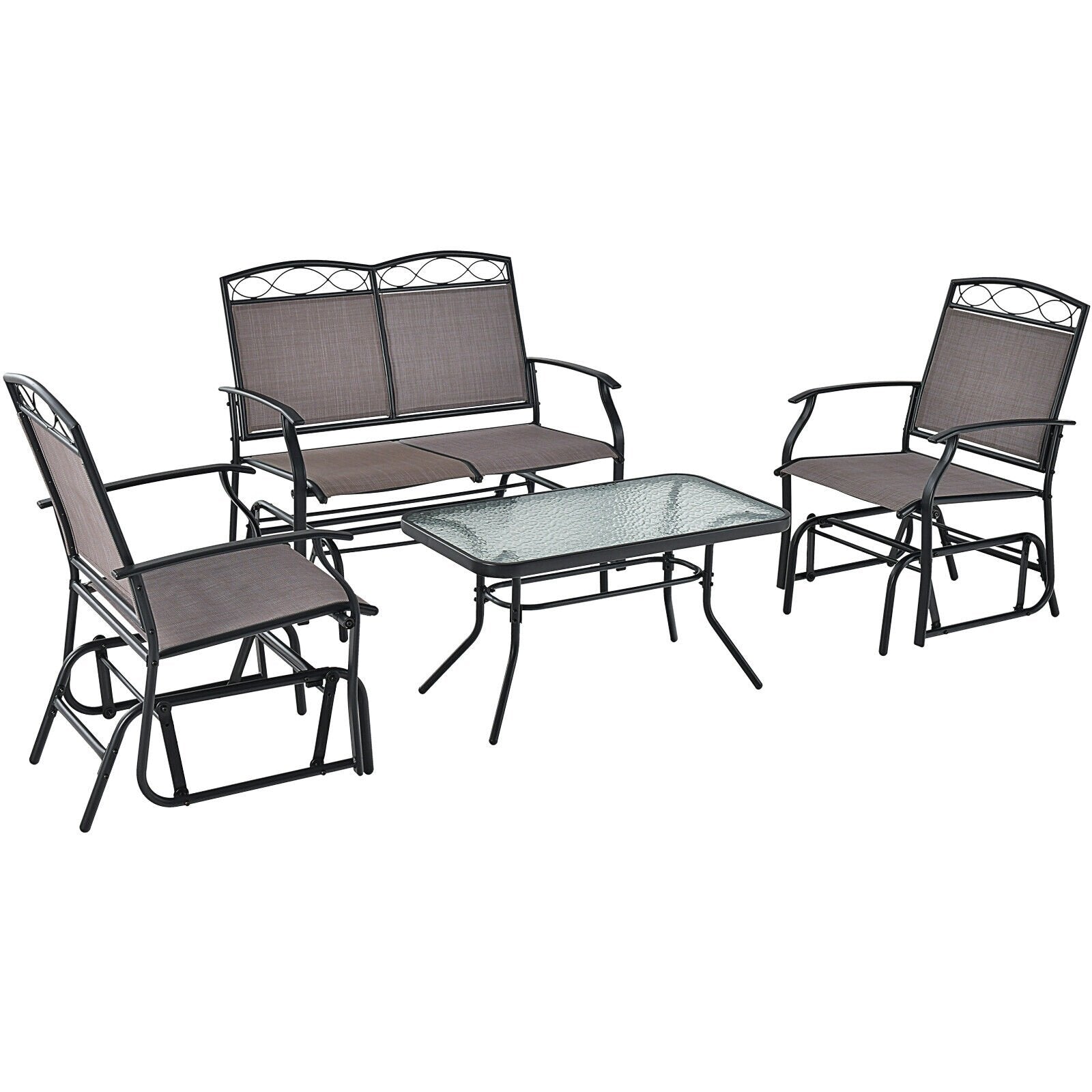 4 Piece Patio Glider Conversation Set with Tempered Glass Table Top, Brown Patio Conversation Sets   at Gallery Canada