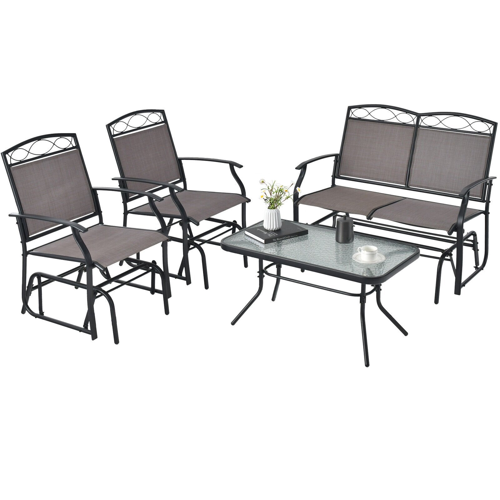 4 Piece Patio Glider Conversation Set with Tempered Glass Table Top, Brown Patio Conversation Sets   at Gallery Canada