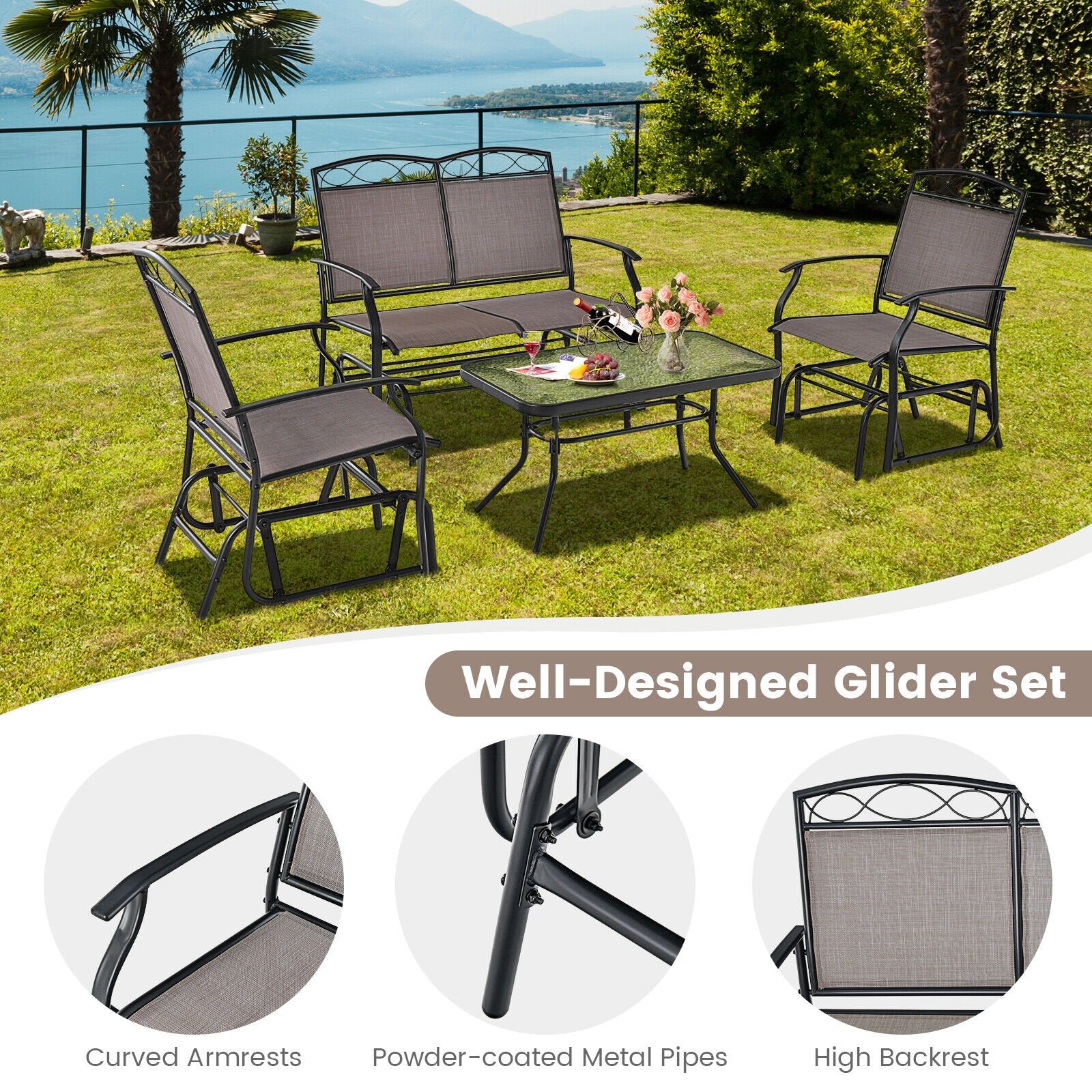 4 Piece Patio Glider Conversation Set with Tempered Glass Table Top, Brown Patio Conversation Sets   at Gallery Canada