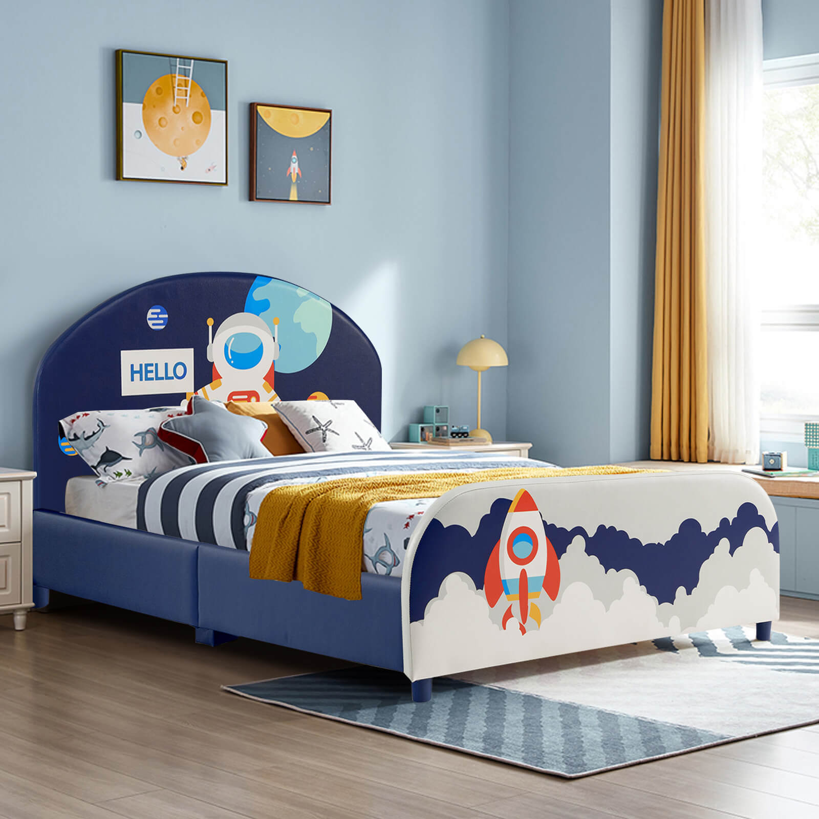 Kids Upholstered Platform Bed with Headboard and Footboard, Dark Blue Toddler Beds   at Gallery Canada