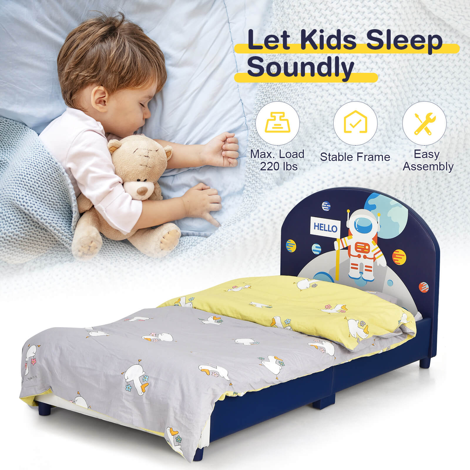 Kids Upholstered Platform Bed with Headboard and Footboard, Dark Blue Toddler Beds   at Gallery Canada